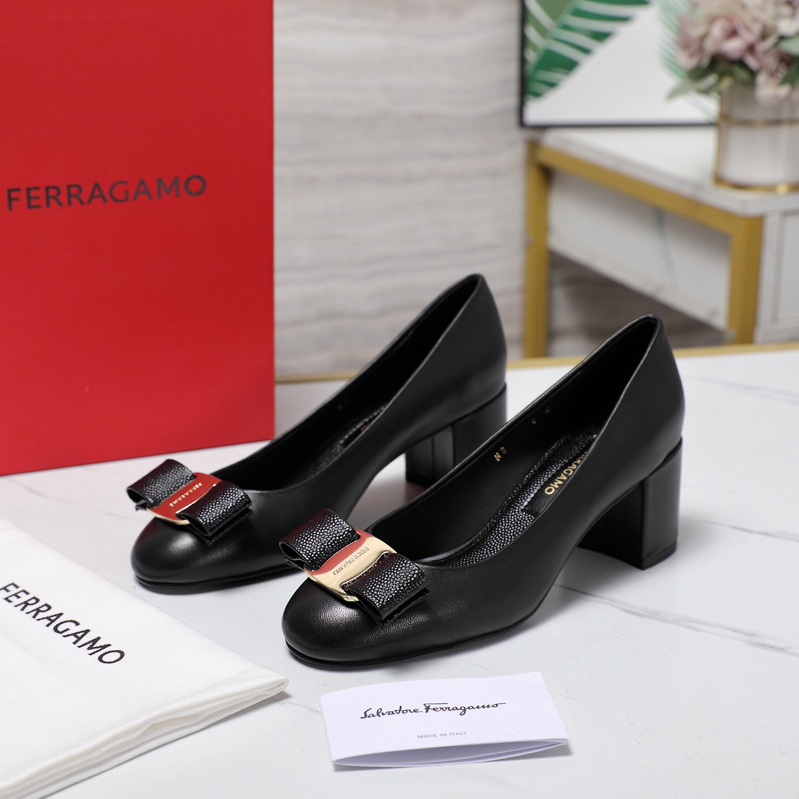 Salvatore Ferragamo Women's Round-Toe Block Heel Pumps with Bow 10 a1734185497237 0387
