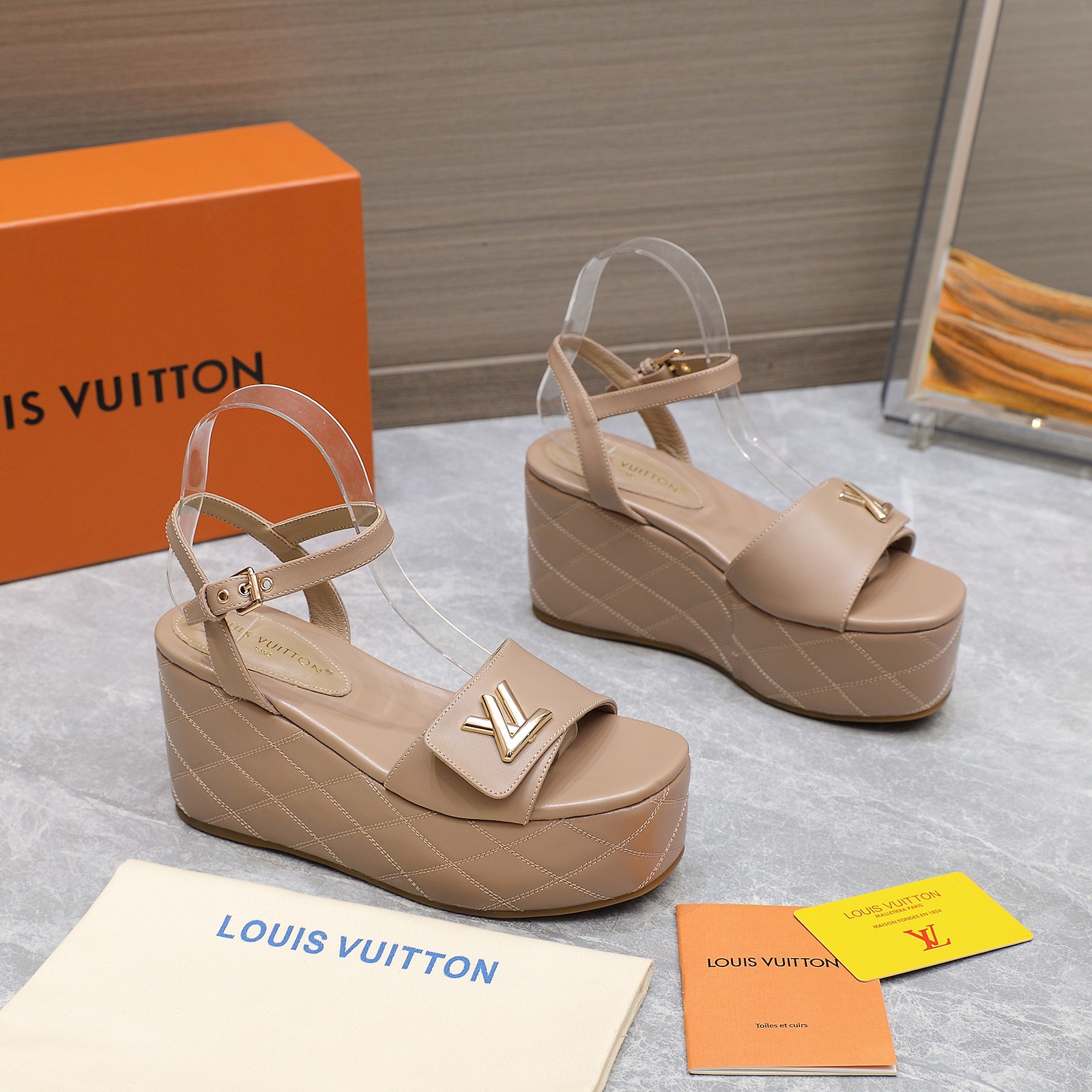 Louis Vuitton Women's Shake Platform Wedge Sandals, Beige Leather, Size 35-40 5 a1734614235229 0587
