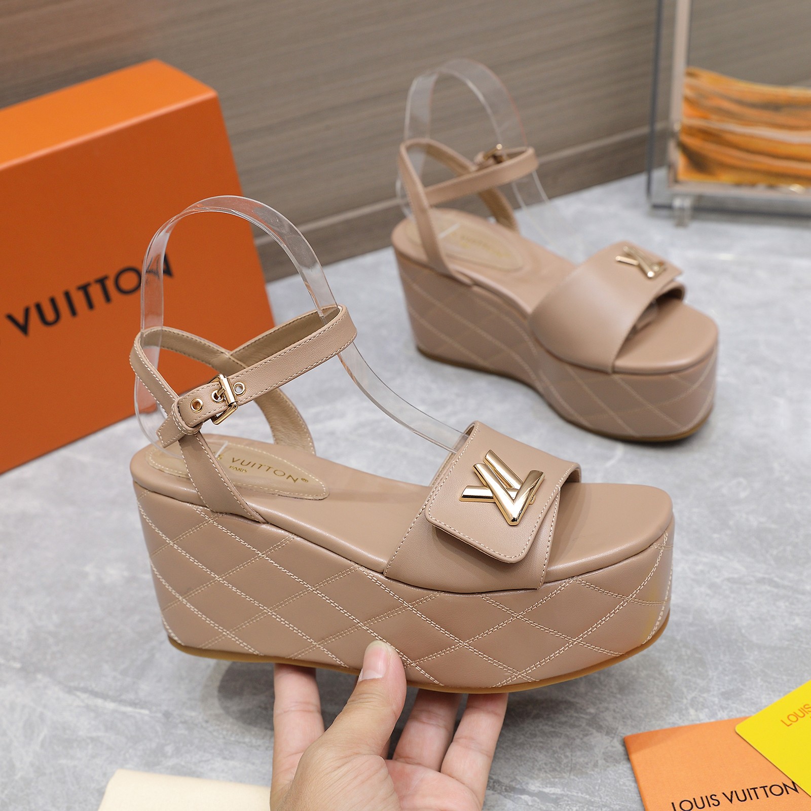 Louis Vuitton Women's Shake Platform Wedge Sandals, Beige Leather, Size 35-40 1 Louis Vuitton Women's Shake Platform Wedge Sandals, Beige Leather, Size 35-40