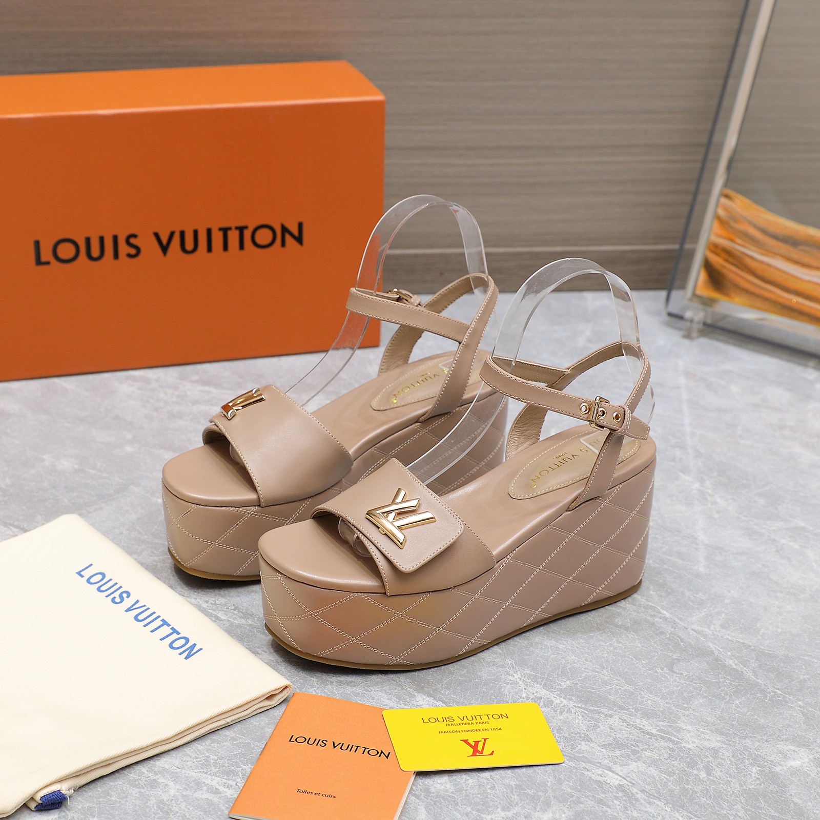 Louis Vuitton Women's Shake Platform Wedge Sandals, Beige Leather, Size 35-40 6 a1734614235239 3820