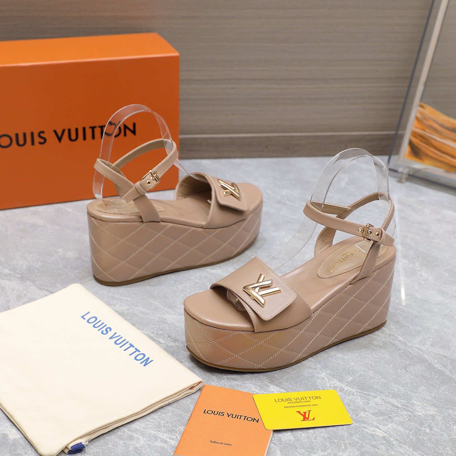 Louis Vuitton Women's Shake Platform Wedge Sandals, Beige Leather, Size 35-40 3 a1734614235325 4671