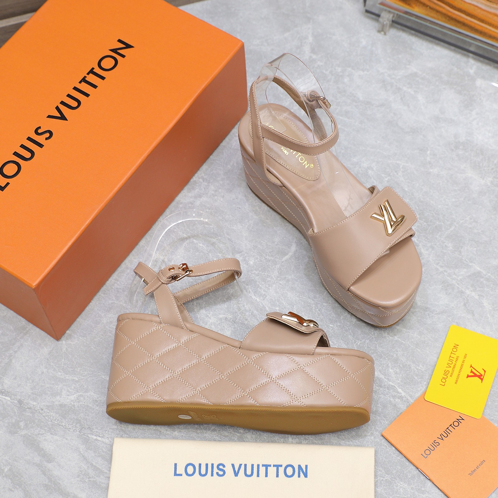 Louis Vuitton Women's Shake Platform Wedge Sandals, Beige Leather, Size 35-40 8 a1734614236698 3215