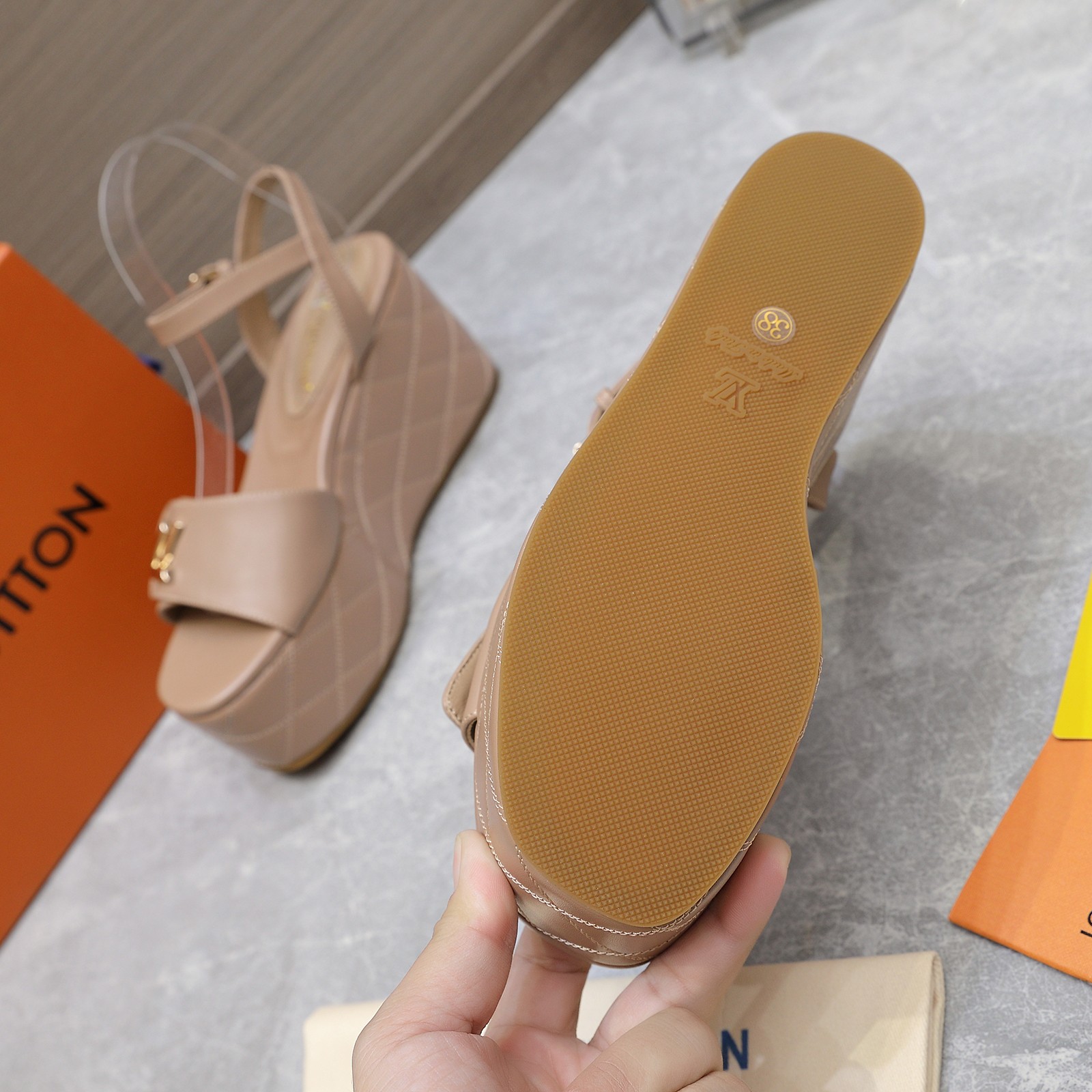 Louis Vuitton Women's Shake Platform Wedge Sandals, Beige Leather, Size 35-40 10 a1734614236699 5643