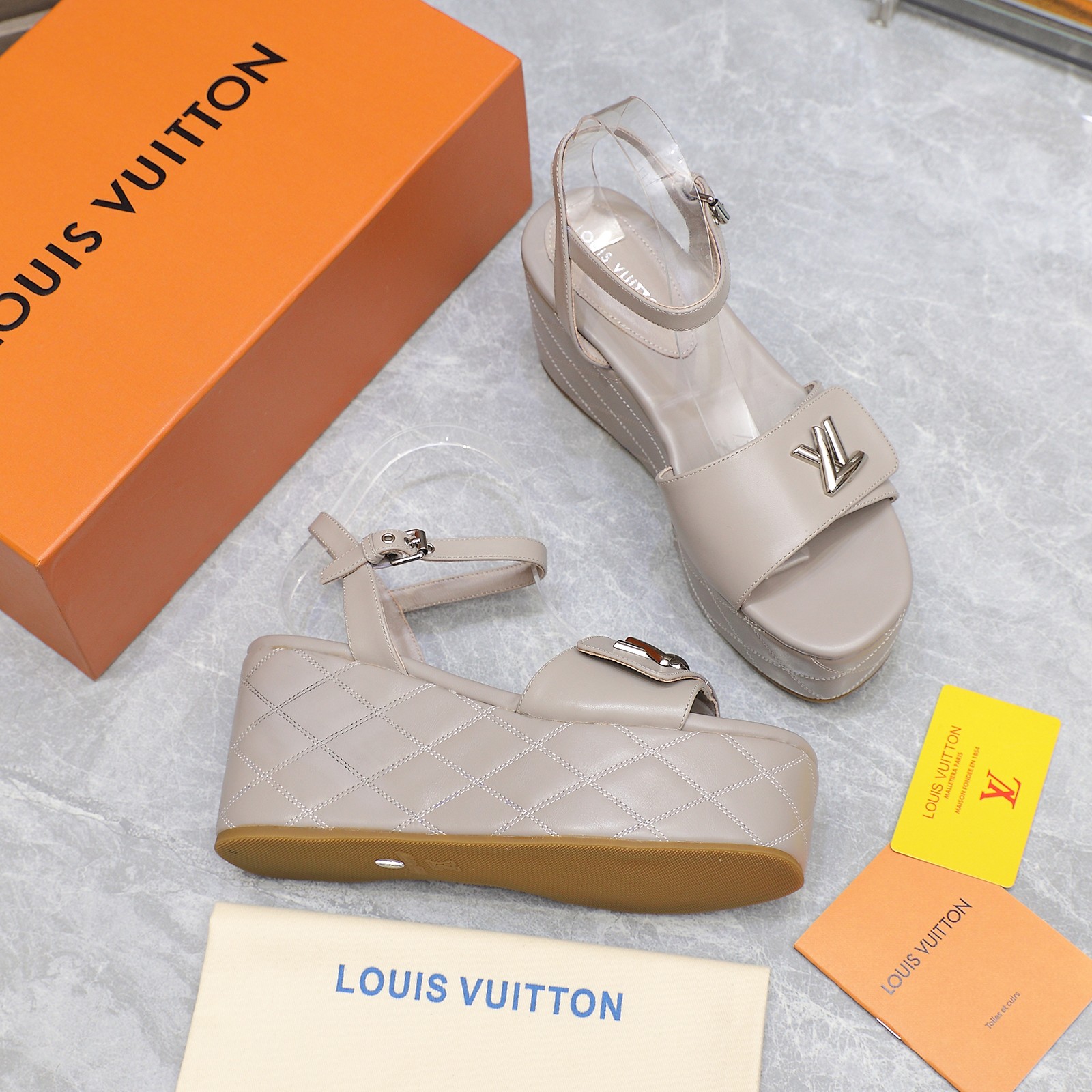 Louis Vuitton Women's Shake Wedge Sandals with LV Signature, Beige Leather 5 a1734614502671 2765