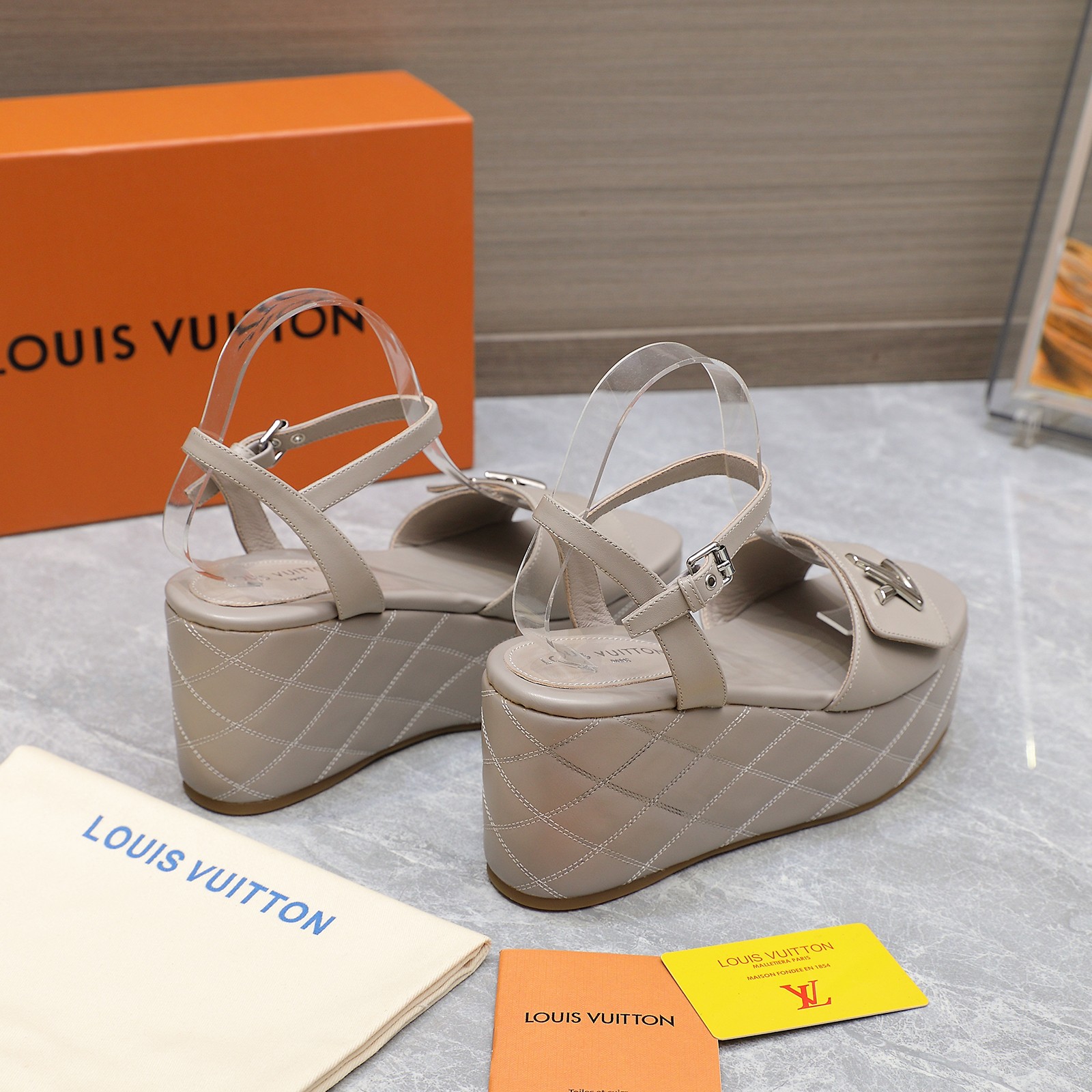 Louis Vuitton Women's Shake Wedge Sandals with LV Signature, Beige Leather 3 a1734614502691 4756