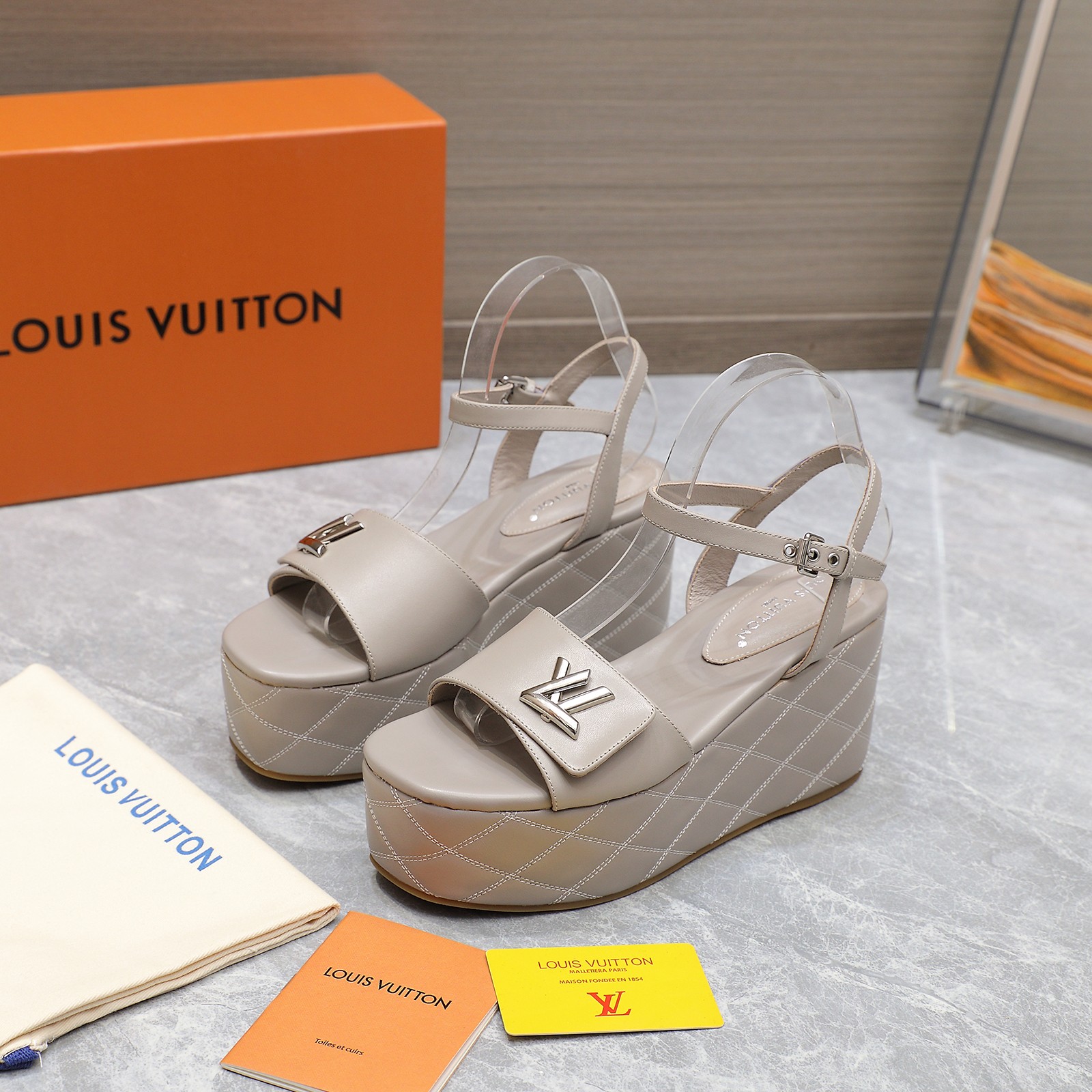 Louis Vuitton Women's Shake Wedge Sandals with LV Signature, Beige Leather 7 a1734614502736 5503