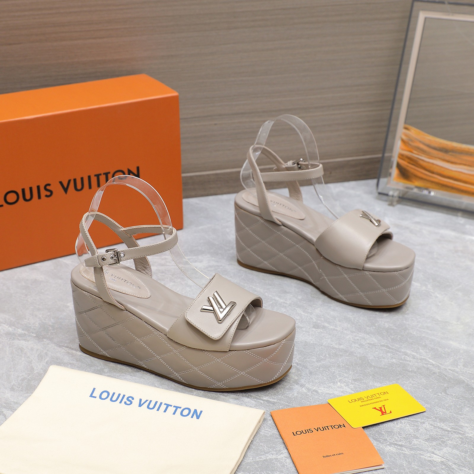 Louis Vuitton Women's Shake Wedge Sandals with LV Signature, Beige Leather 4 a1734614502739 3504