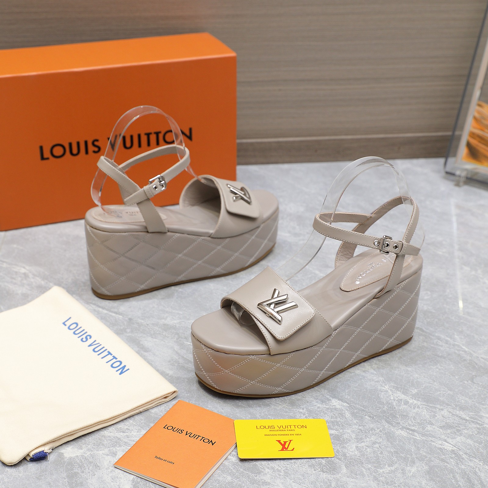 Louis Vuitton Women's Shake Wedge Sandals with LV Signature, Beige Leather 8 a1734614502769 0520