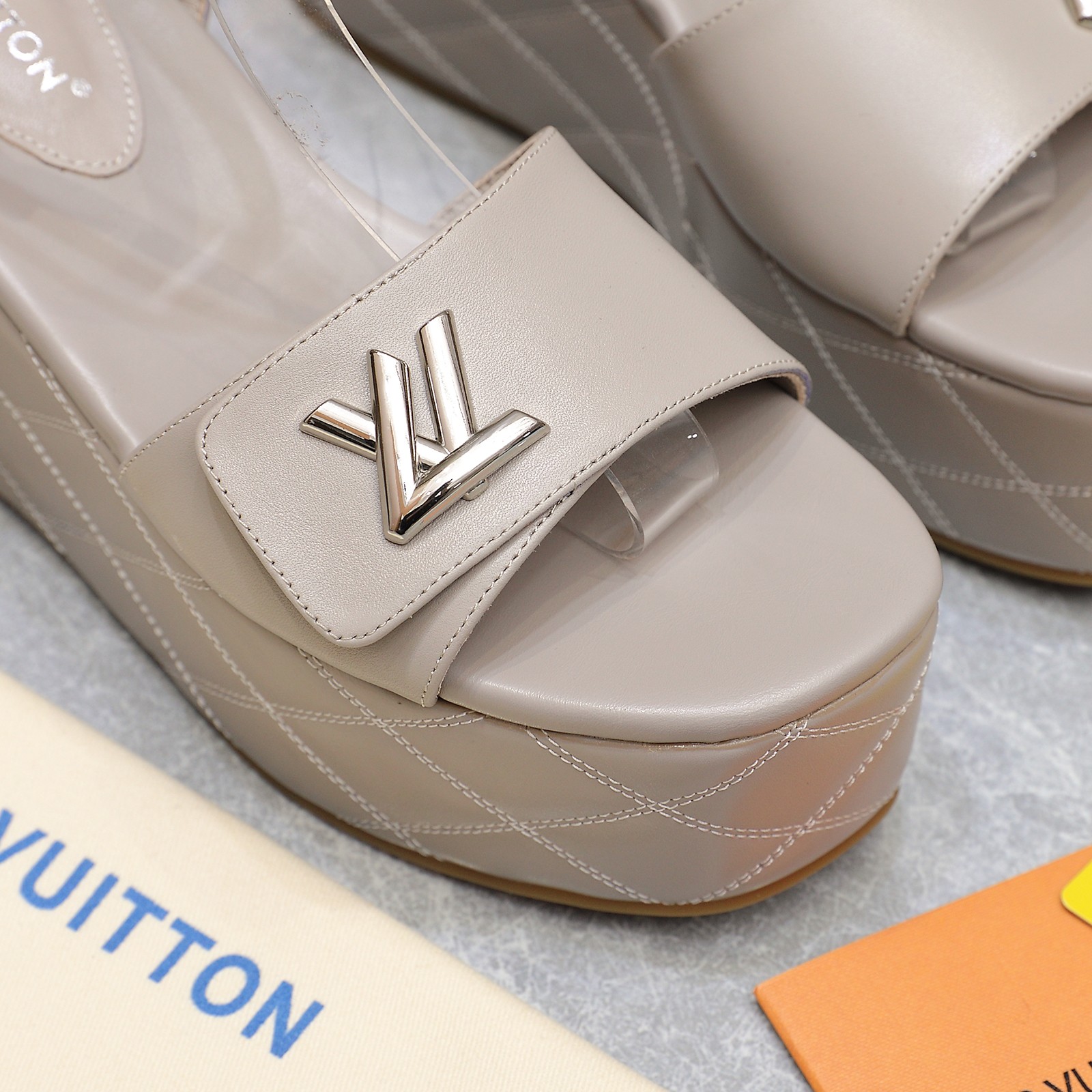 Louis Vuitton Women's Shake Wedge Sandals with LV Signature, Beige Leather 9 a1734614504424 7356