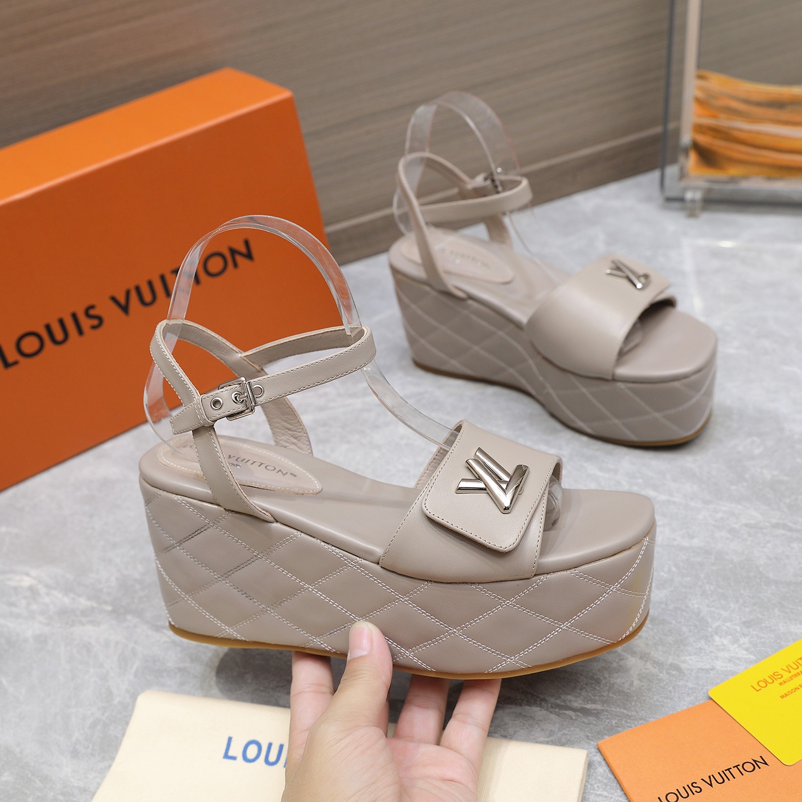 Louis Vuitton Women's Shake Wedge Sandals with LV Signature, Beige Leather 1 Louis Vuitton Women's Shake Wedge Sandals with LV Signature, Beige Leather