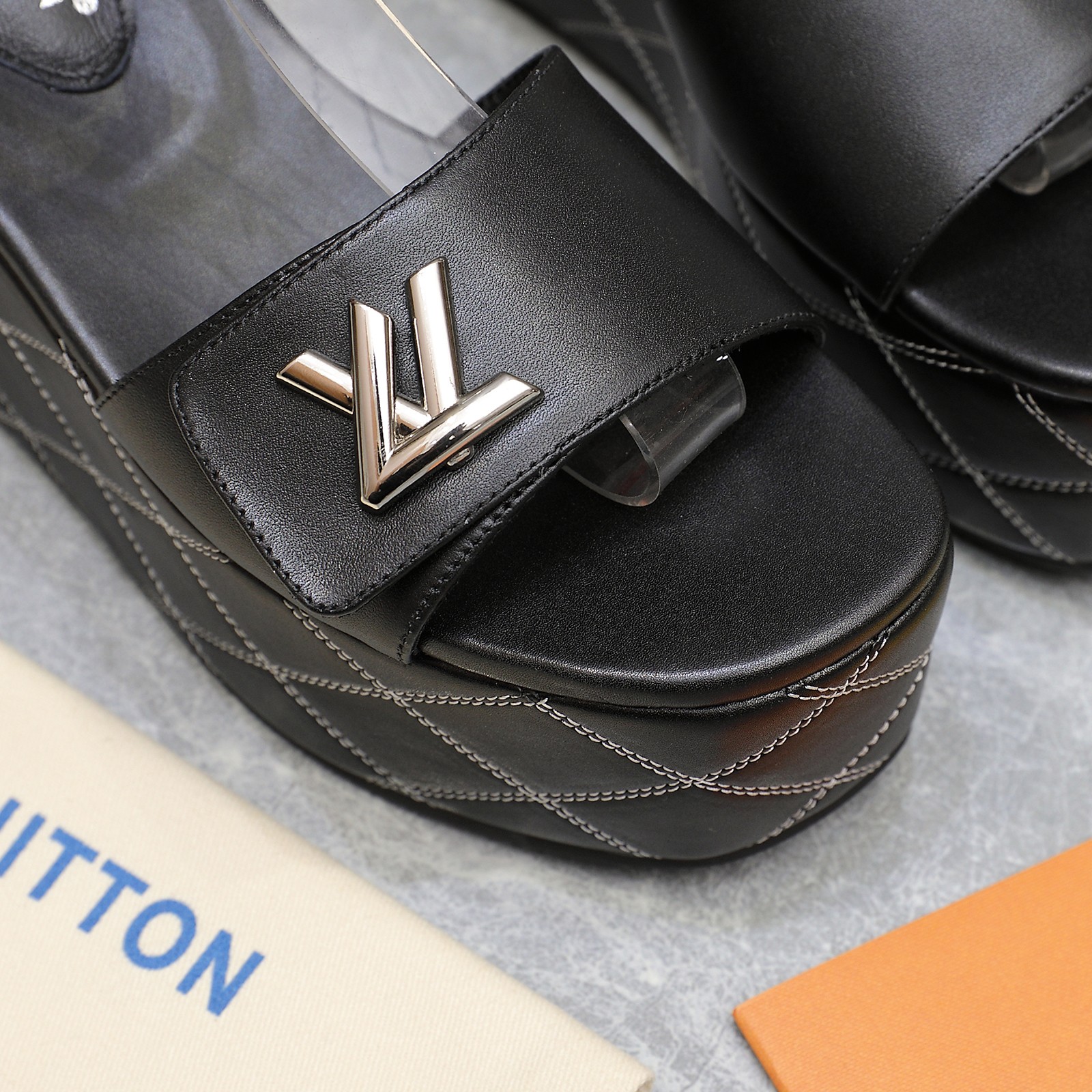 Louis Vuitton Women's Black Leather Wedge Sandals with LV Logo - Summer Style 9 a1734614532273 7073