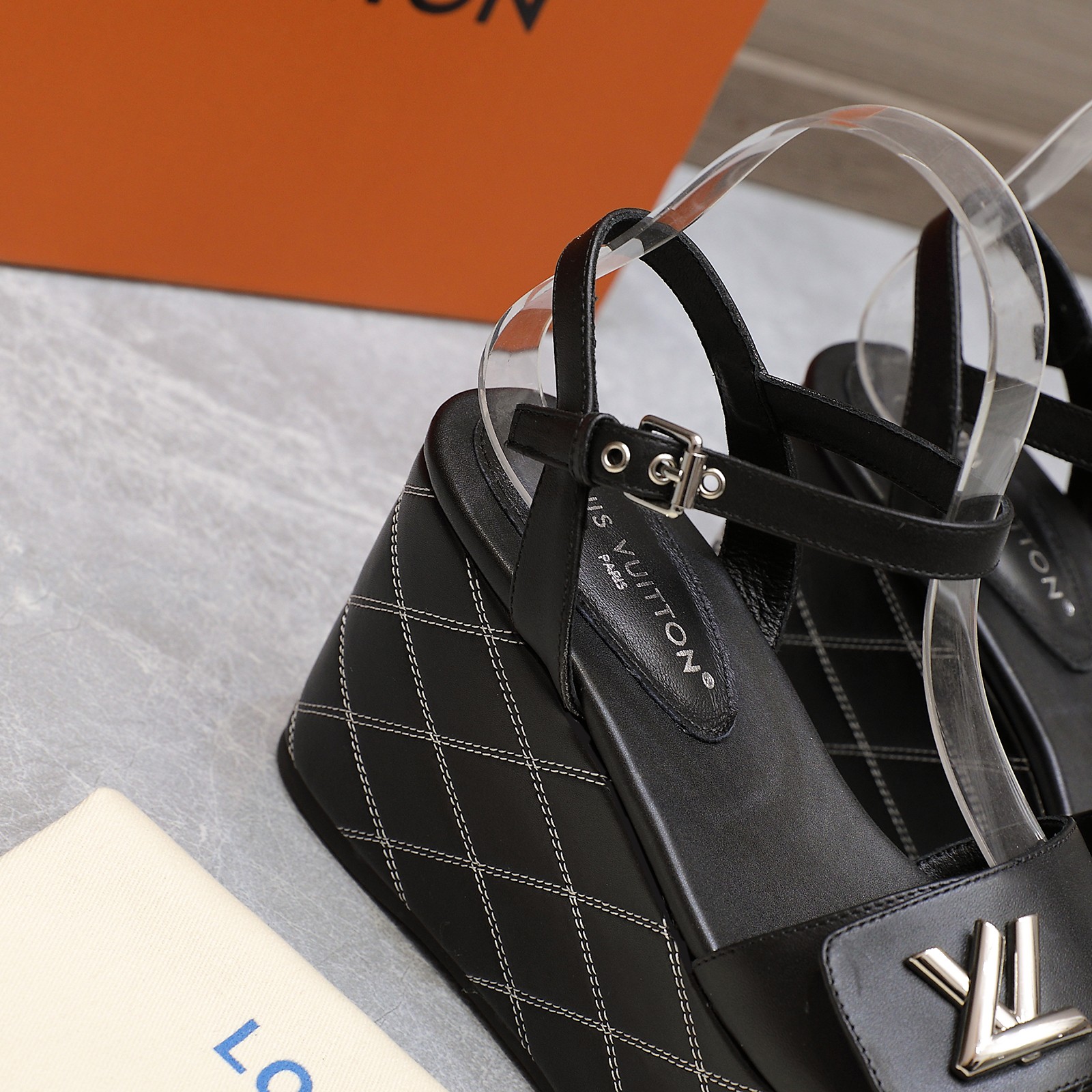 Louis Vuitton Women's Black Leather Wedge Sandals with LV Logo - Summer Style 8 a1734614532283 1264
