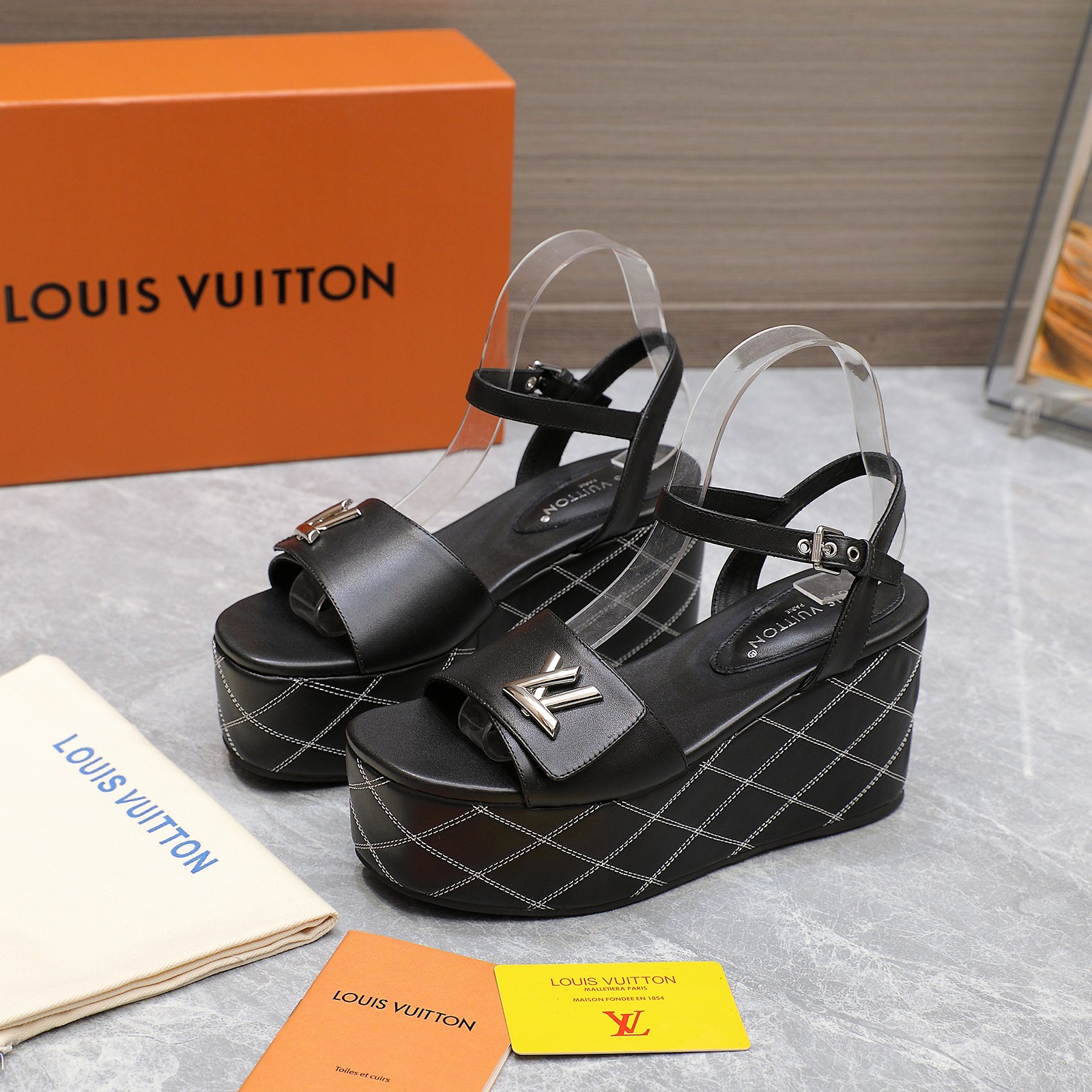 Louis Vuitton Women's Black Leather Wedge Sandals with LV Logo - Summer Style 3 a1734614532291 3375