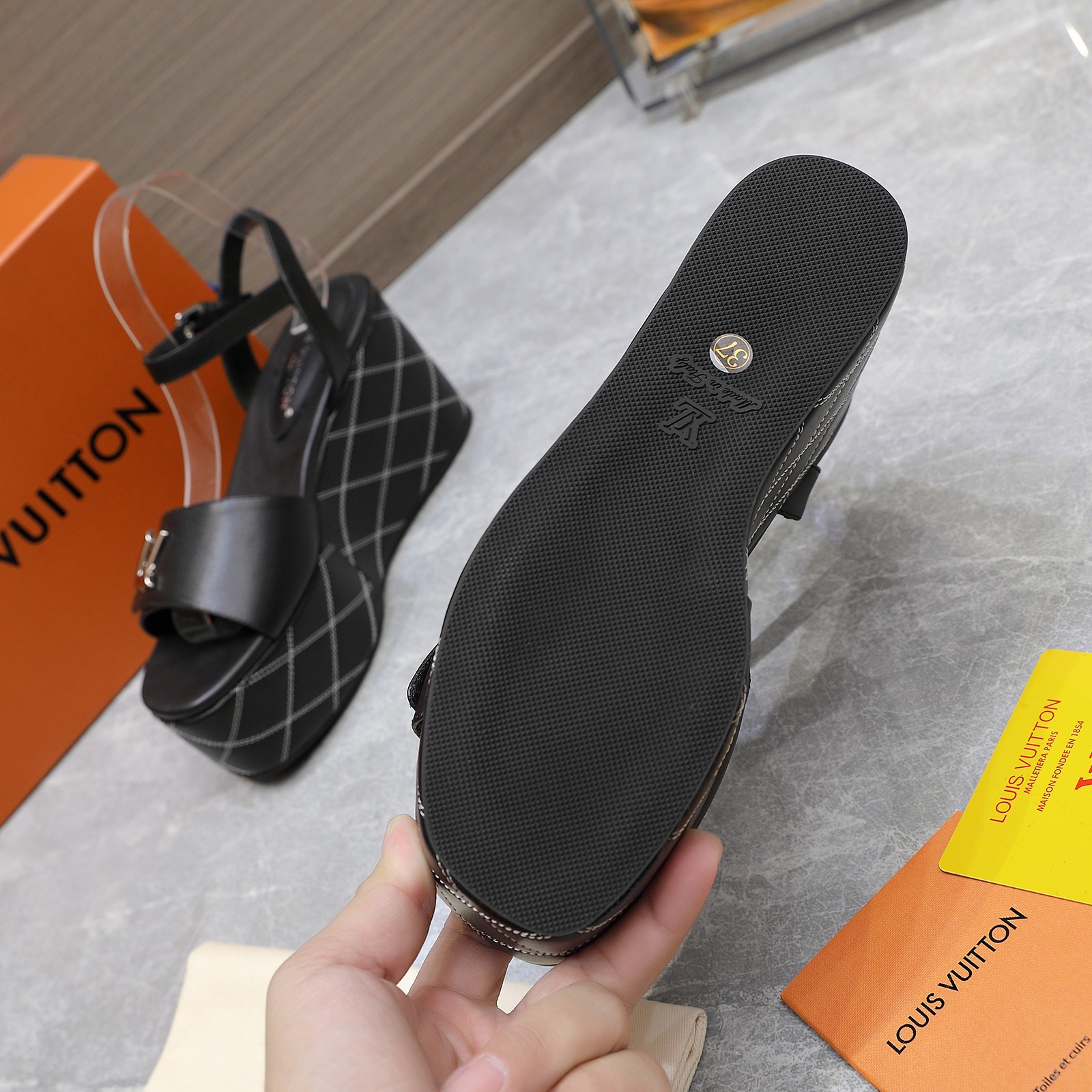 Louis Vuitton Women's Black Leather Wedge Sandals with LV Logo - Summer Style 6 a1734614532310 4643