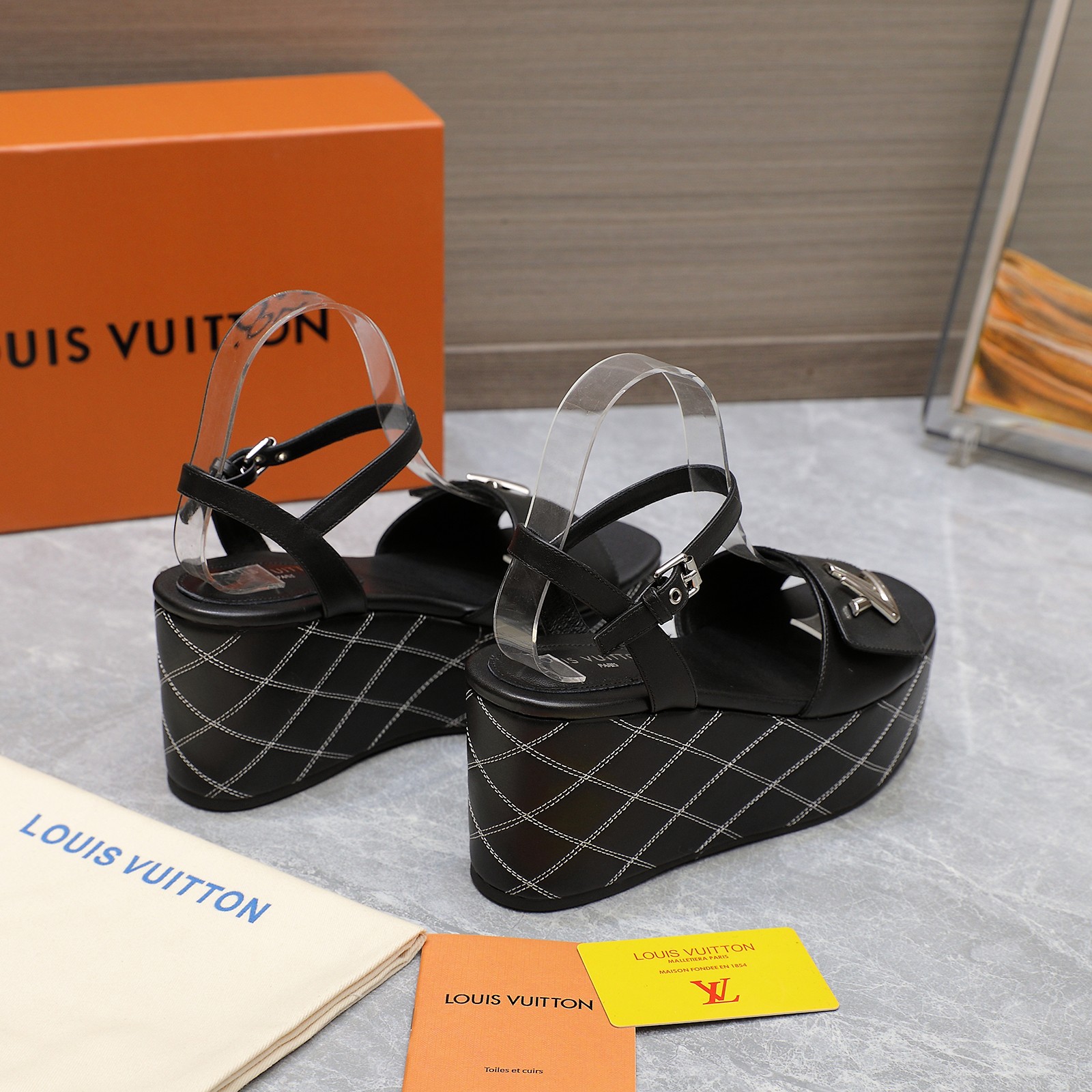 Louis Vuitton Women's Black Leather Wedge Sandals with LV Logo - Summer Style 7 a1734614532341 4766