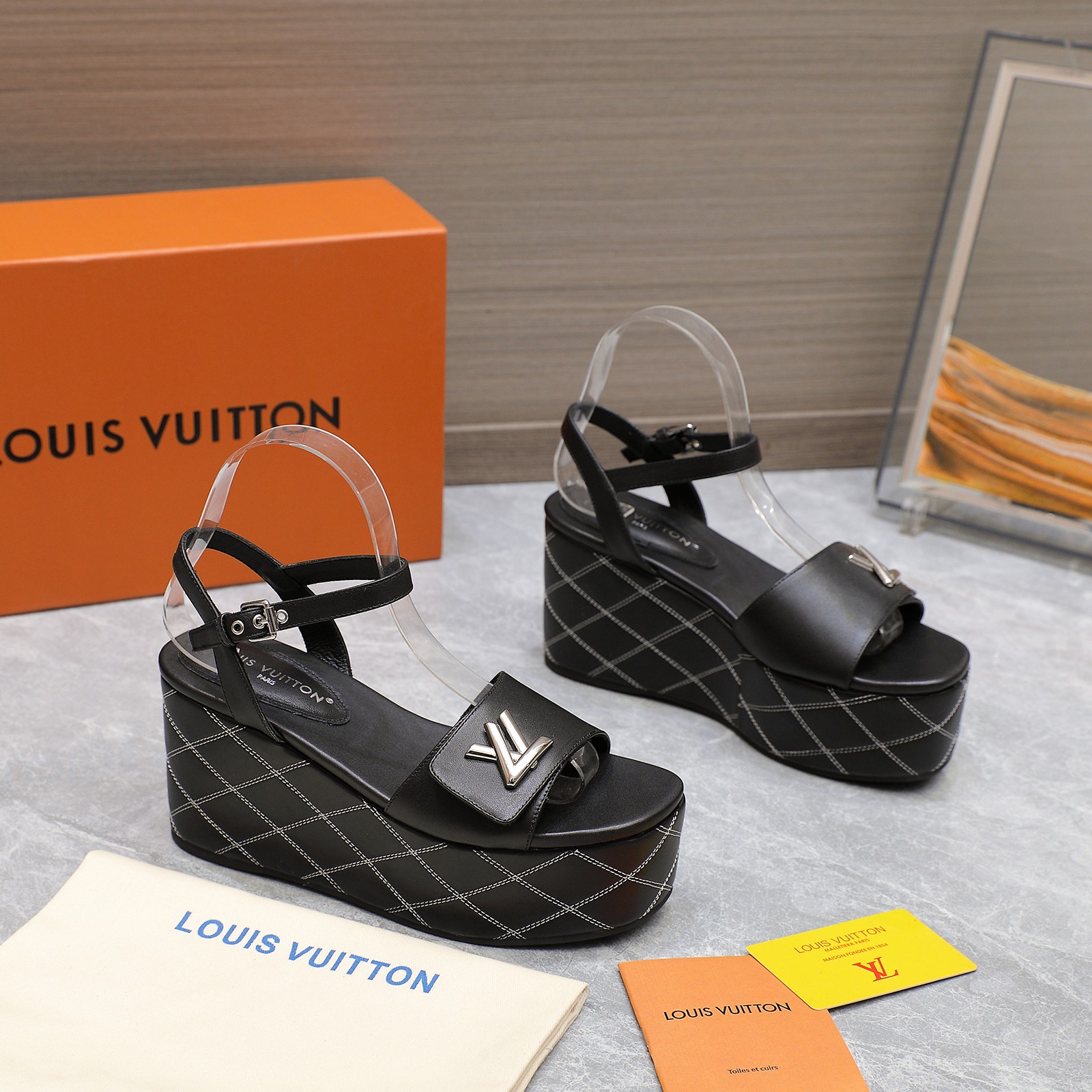 Louis Vuitton Women's Black Leather Wedge Sandals with LV Logo - Summer Style 4 a1734614532344 2570