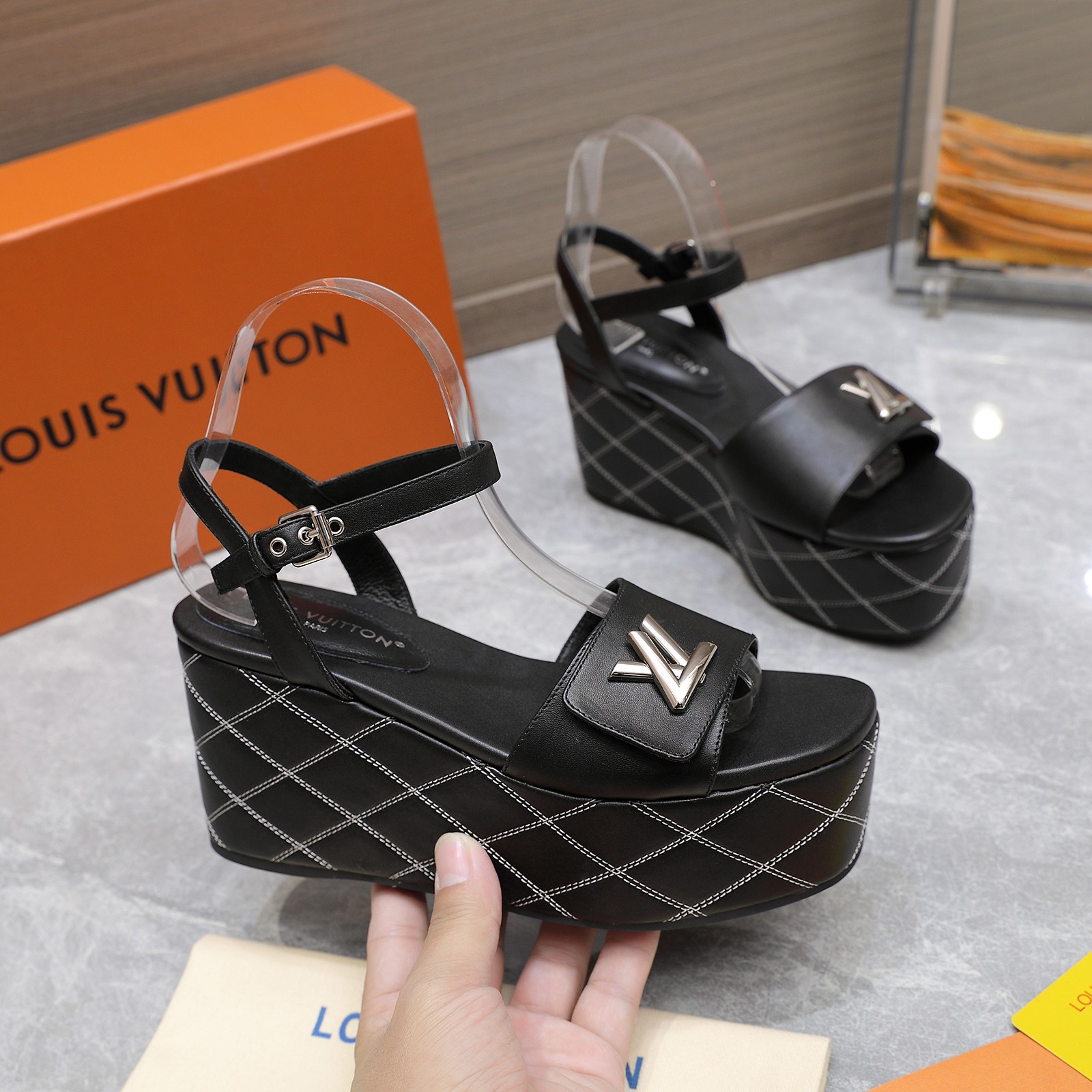 Louis Vuitton Women's Black Leather Wedge Sandals with LV Logo - Summer Style 2 a1734614534066 4128
