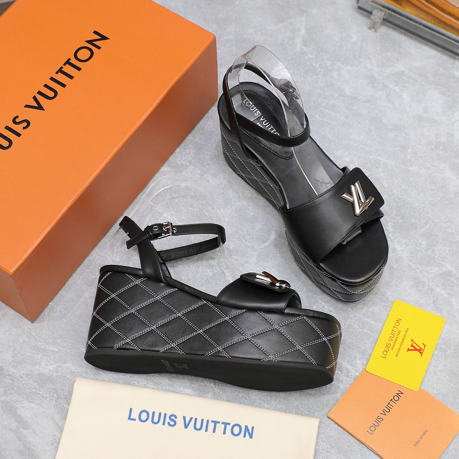 Louis Vuitton Women's Black Leather Wedge Sandals with LV Logo - Summer Style 10 a1734614534132 1366