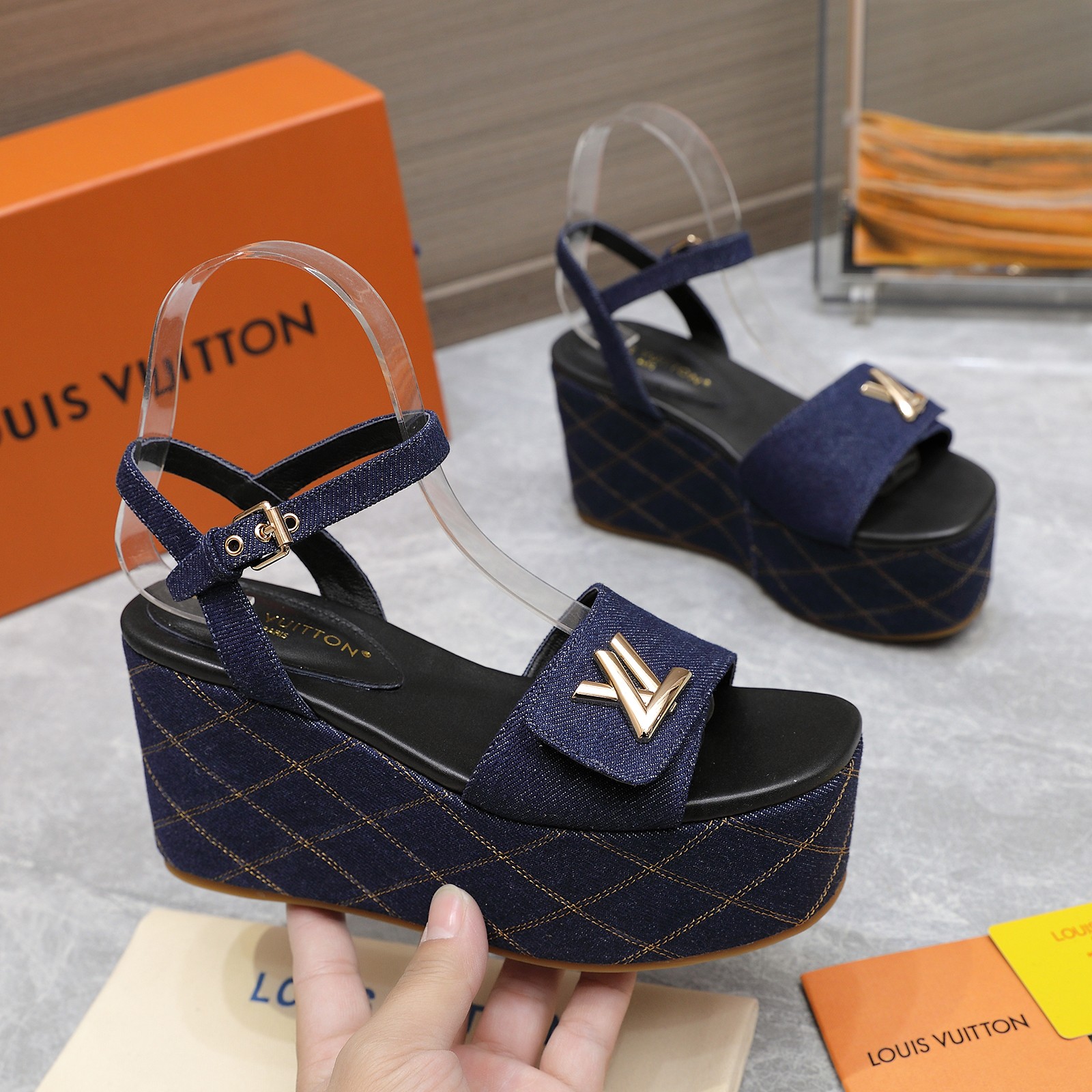 Louis Vuitton Women's Denim Wedge Sandals with LV Logo - Summer Style 1 Louis Vuitton Women's Denim Wedge Sandals with LV Logo - Summer Style