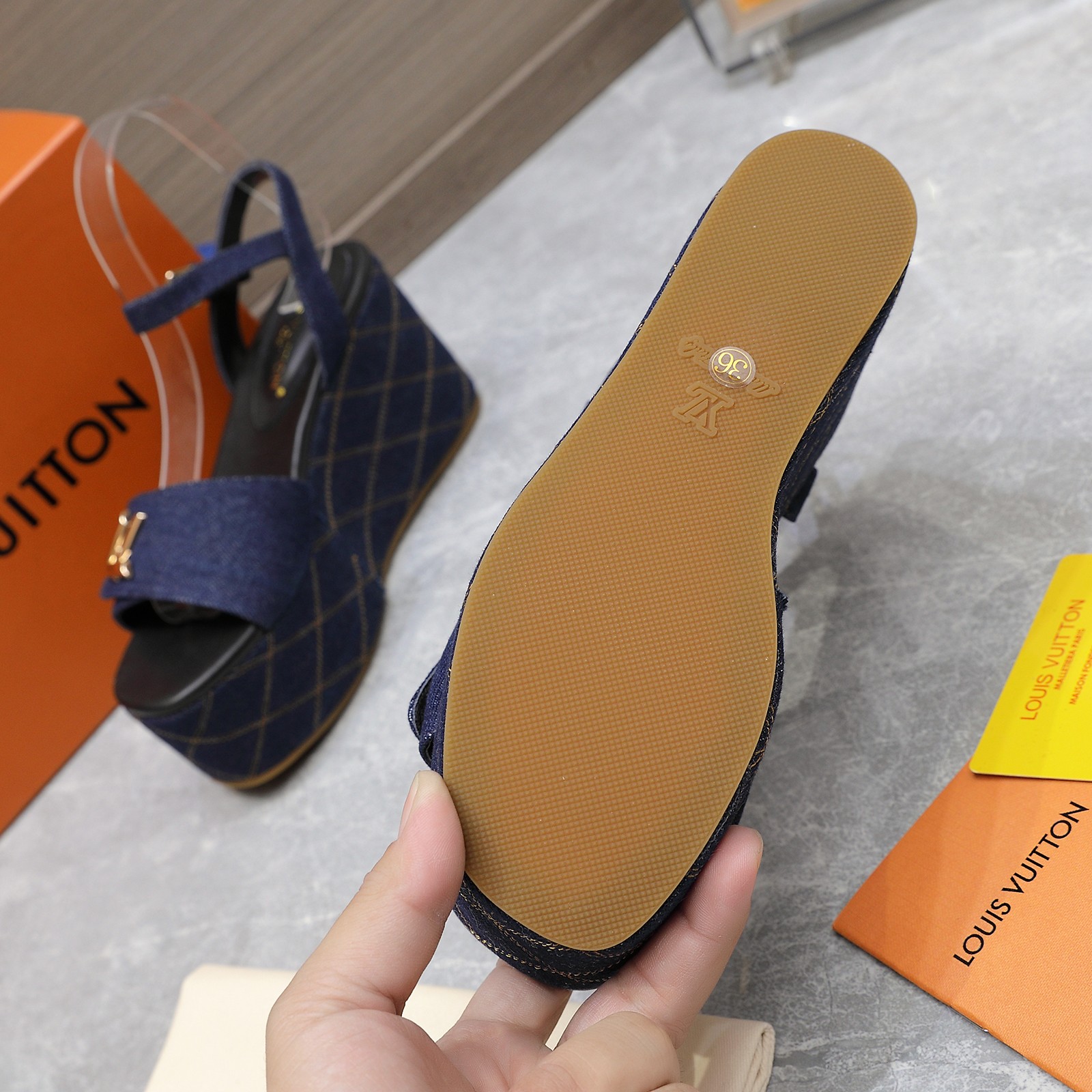 Louis Vuitton Women's Denim Wedge Sandals with LV Logo - Summer Style 9 a1734614573344 1084