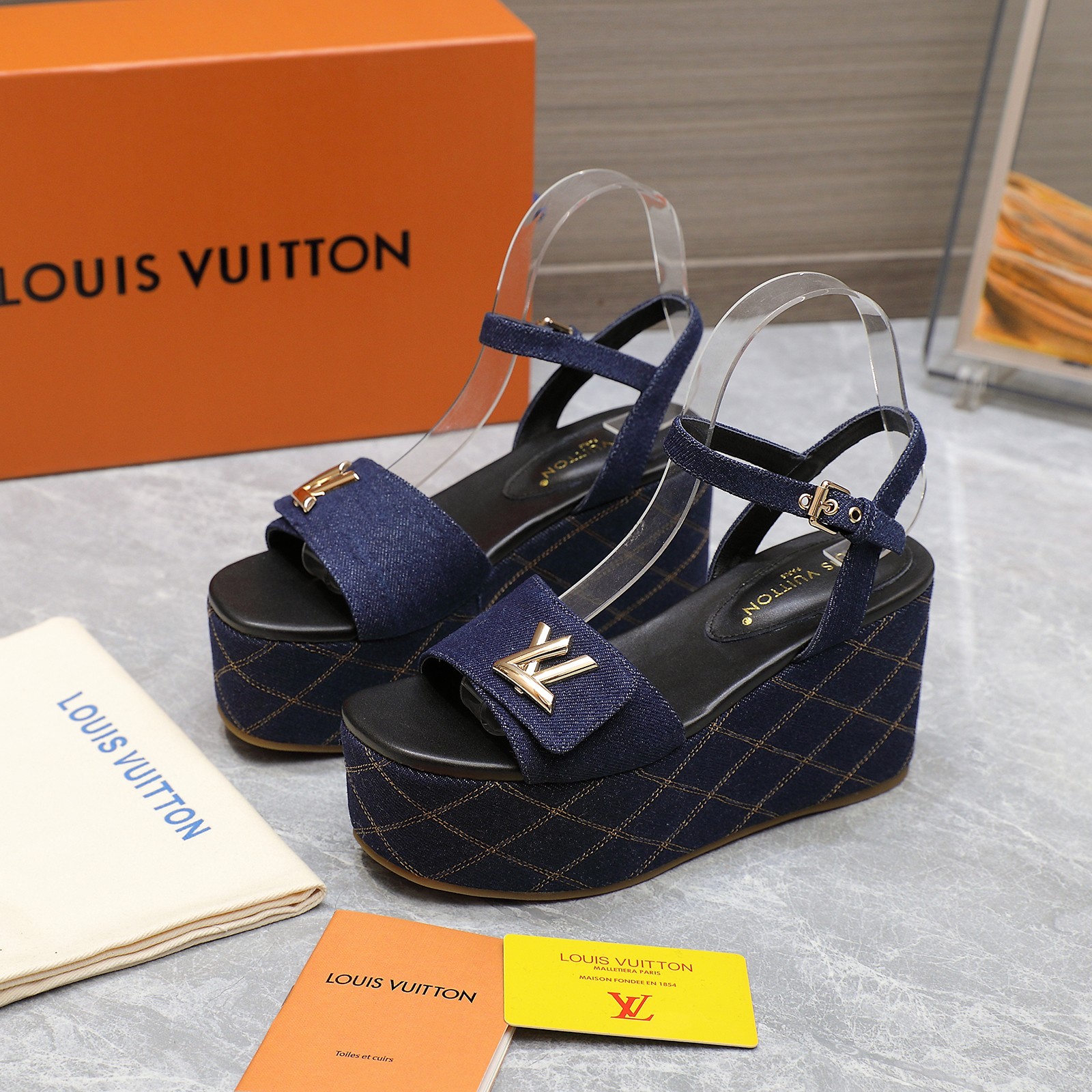 Louis Vuitton Women's Denim Wedge Sandals with LV Logo - Summer Style 7 a1734614574936 0767