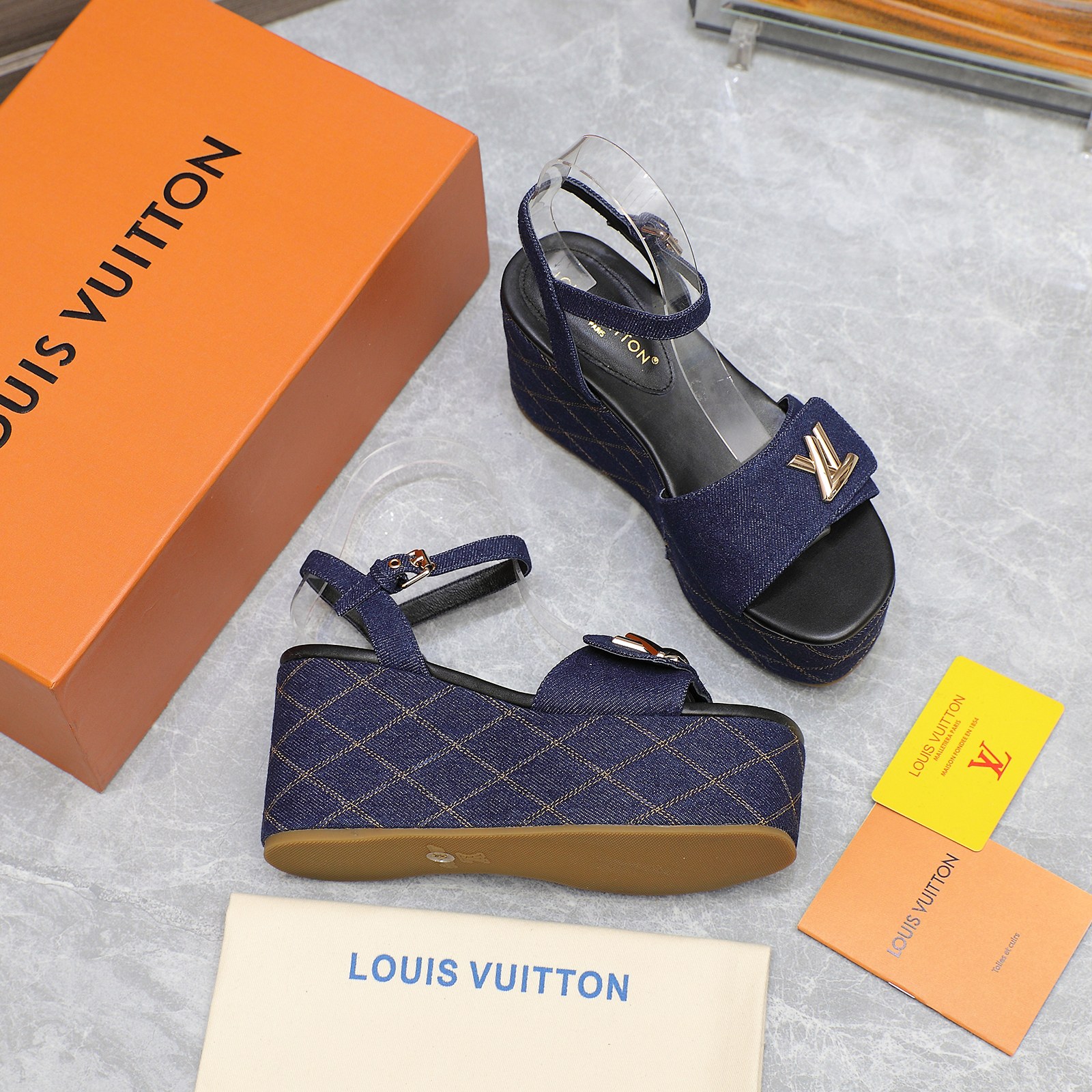 Louis Vuitton Women's Denim Wedge Sandals with LV Logo - Summer Style 8 a1734614575009 3814