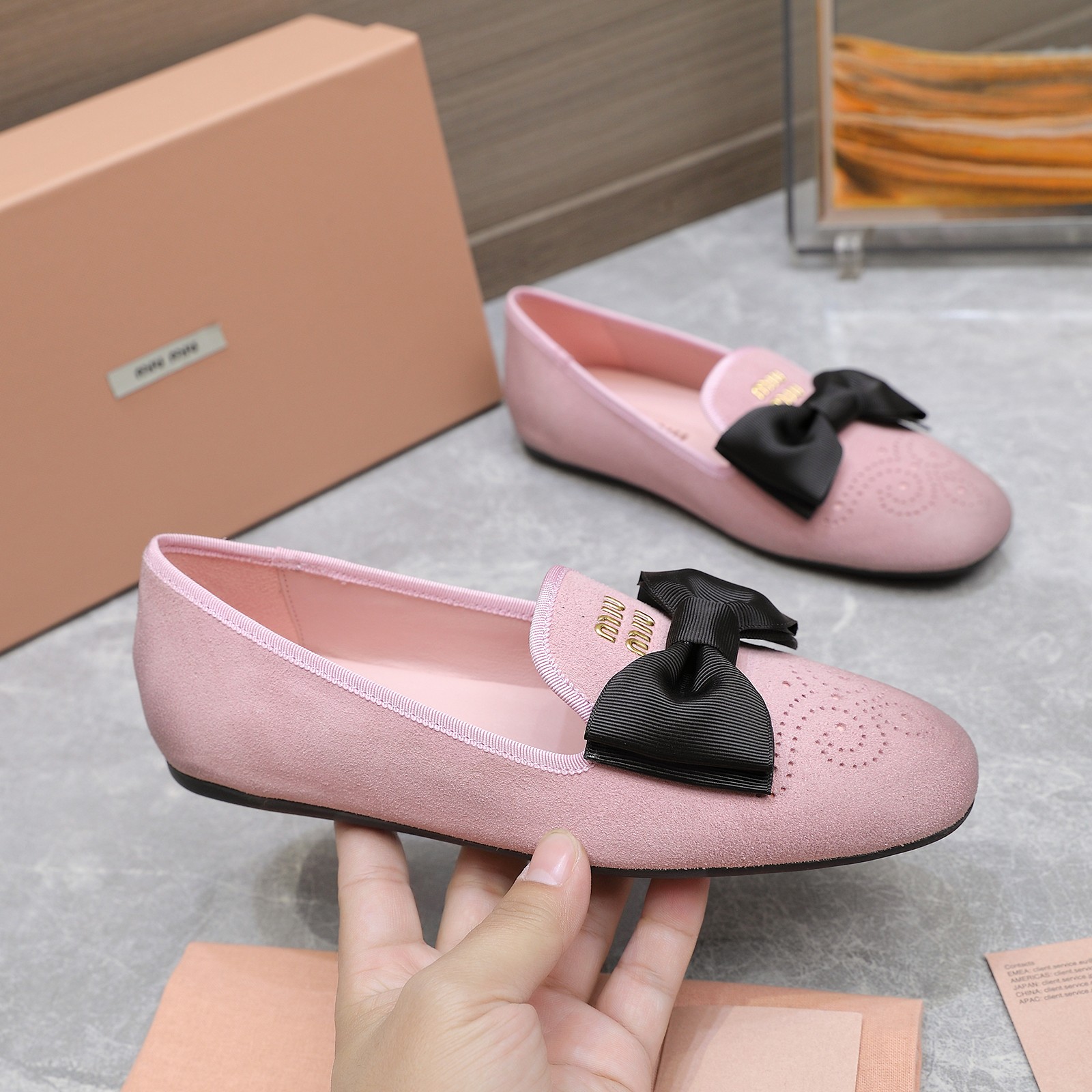 Miu Miu Ballet Flats with Bow Accent in Pink Suede Loafer Style
