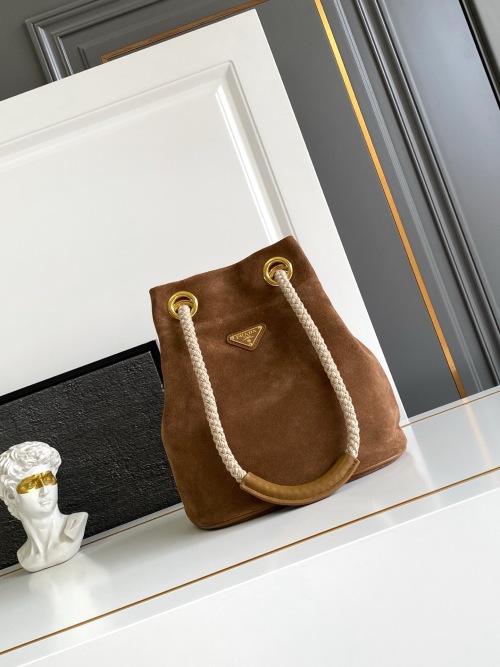 Prada Suede Bucket Bag with Braided Rope Handles - Stylish and Versatile 1 Prada Suede Bucket Bag with Braided Rope Handles - Stylish and Versatile