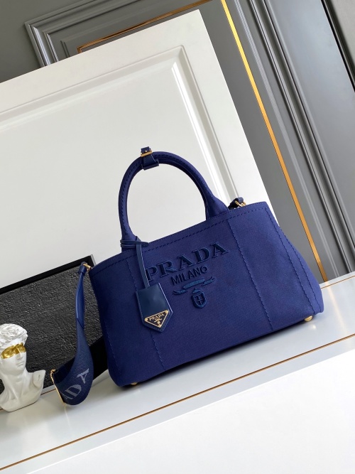 Prada Mini Gardener Blue Canvas Tote Bag with Leather Trim - Model 1BG554 1 Prada Mini Gardener Blue Canvas Tote Bag with Leather Trim - Model 1BG554