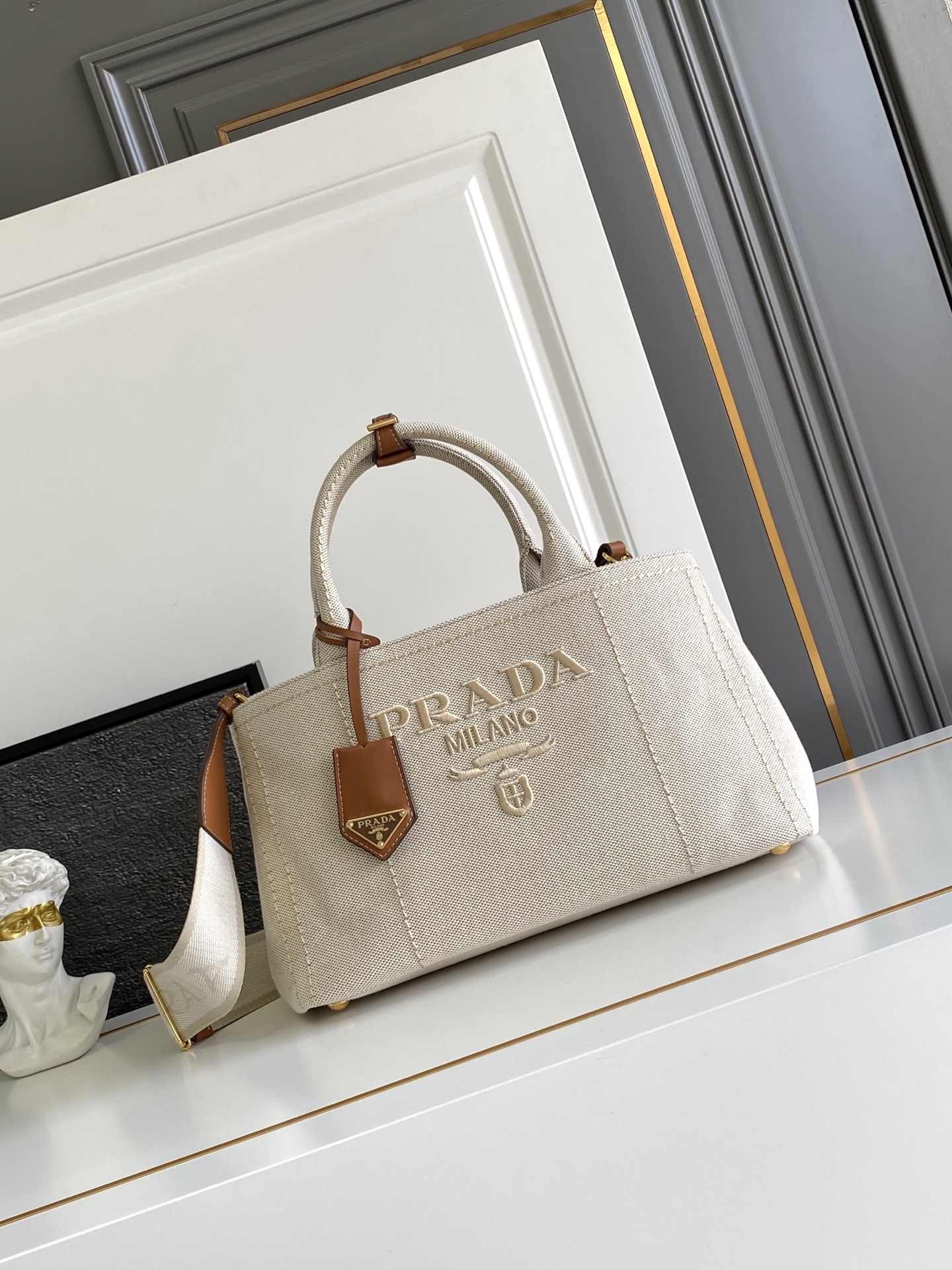 Prada Linen Canvas Gardener Tote Bag, Beige, 33x19x20cm 2 i1750984836115 5571 0 0