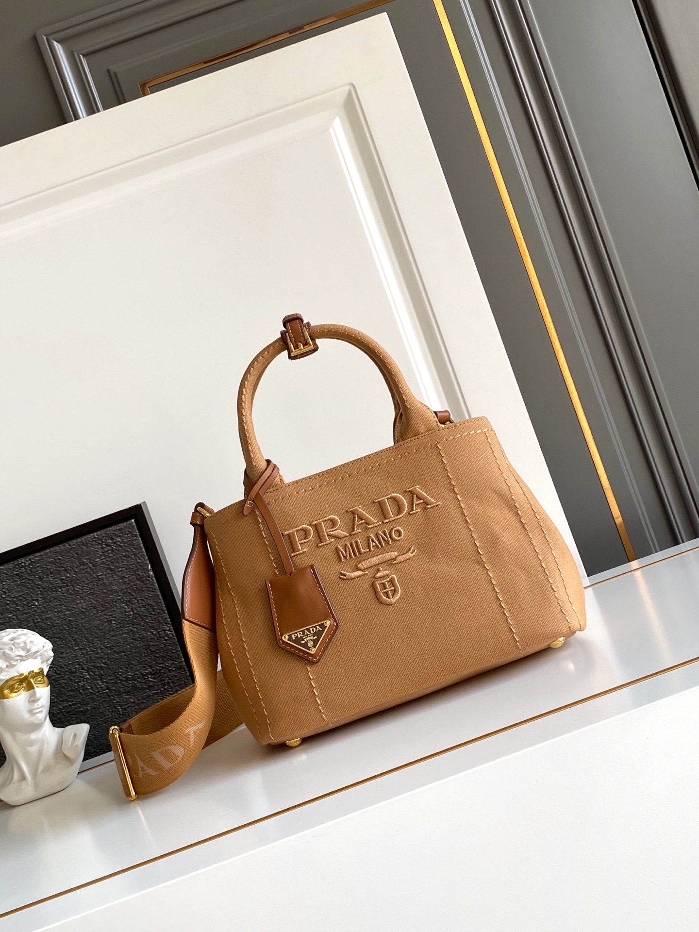 Prada Mini Tote Bag Linen Canvas with Leather Trim - Stylish & Versatile