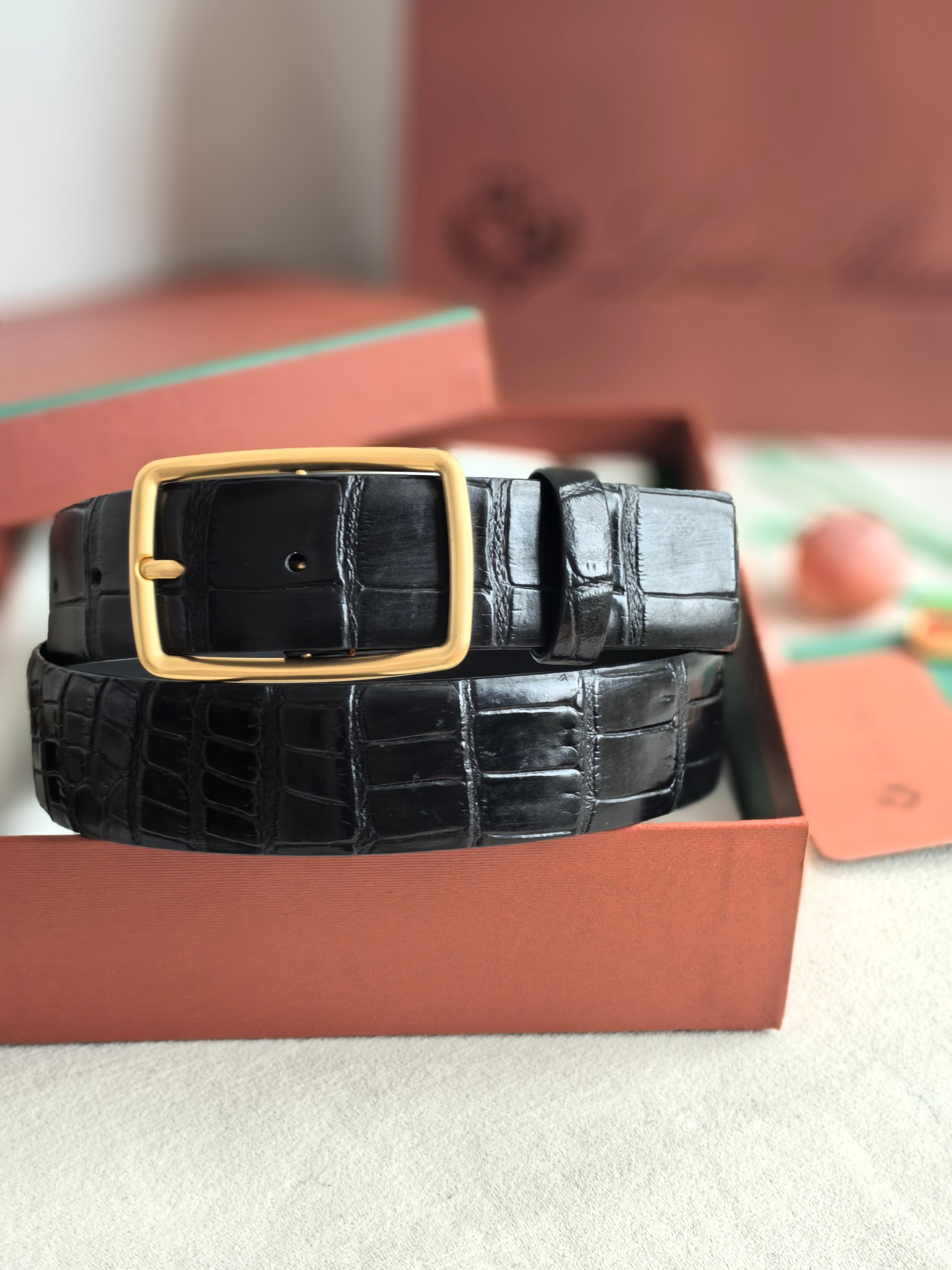 Loro Piana Men's Black Croc Embossed Leather Belt with Gold Buckle 2 a1741592140234 8024