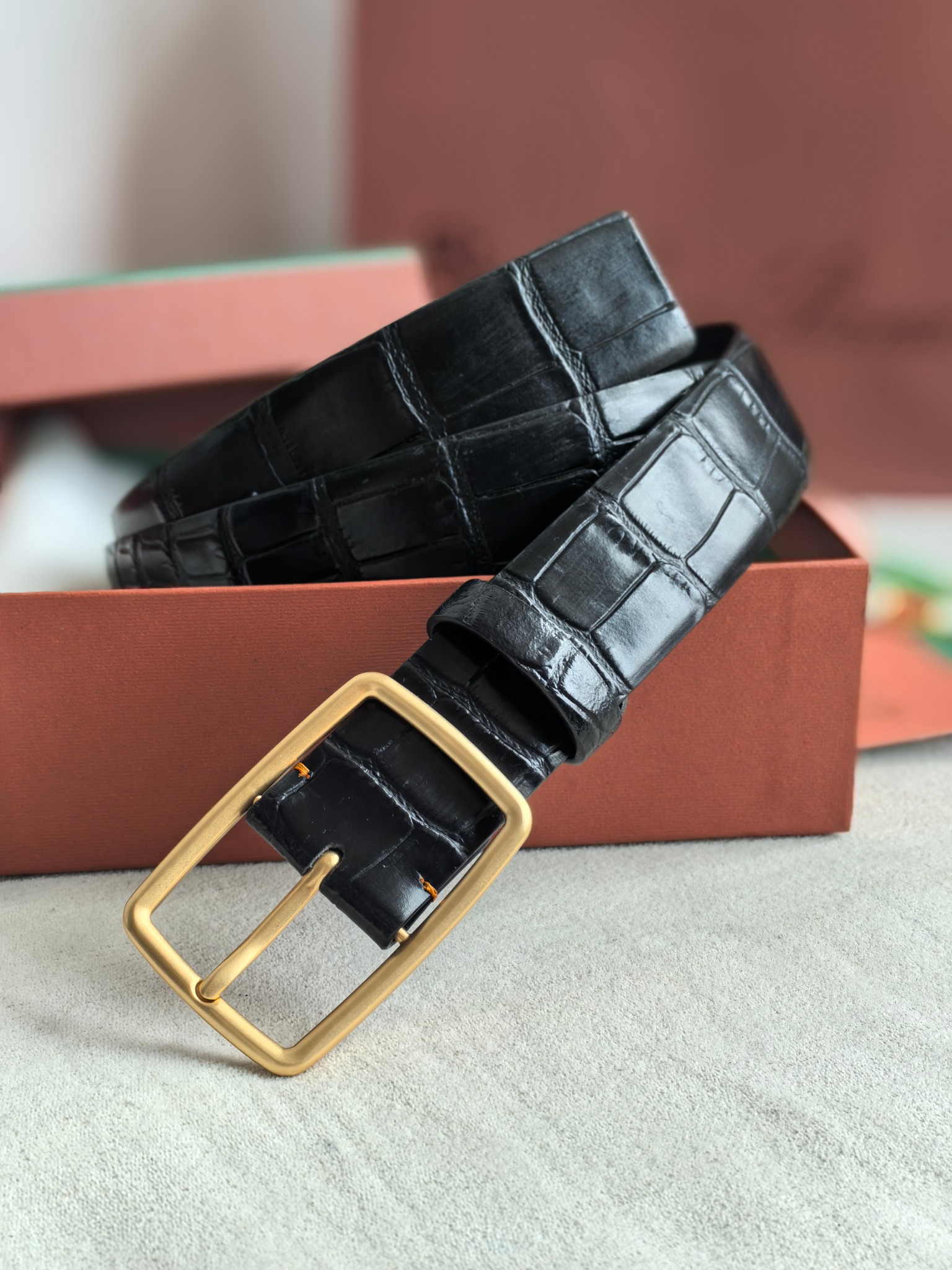 Loro Piana Men's Black Croc Embossed Leather Belt with Gold Buckle 4 a1741592140289 3633