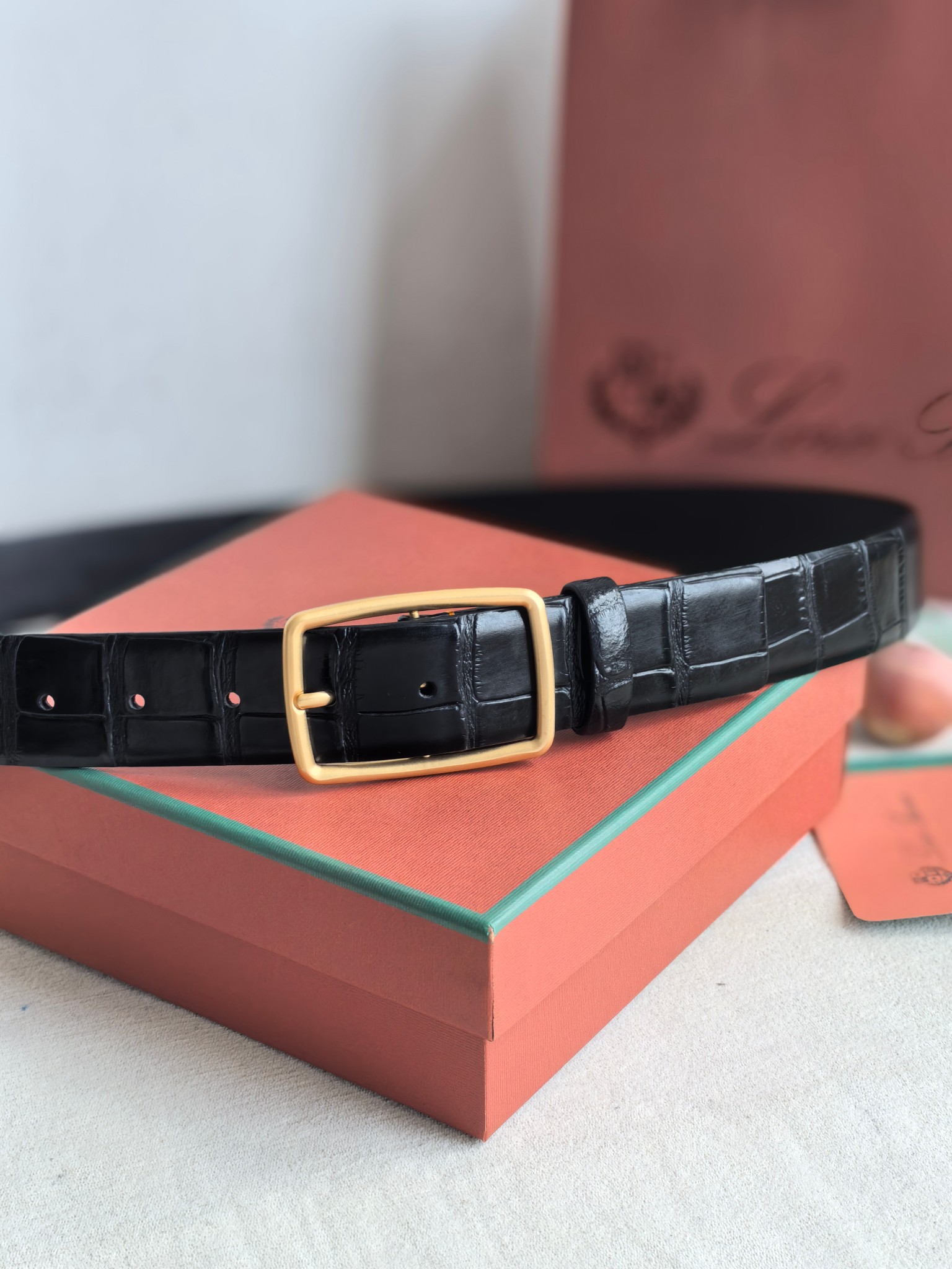 Loro Piana Men's Black Croc Embossed Leather Belt with Gold Buckle 5 a1741592140436 6325