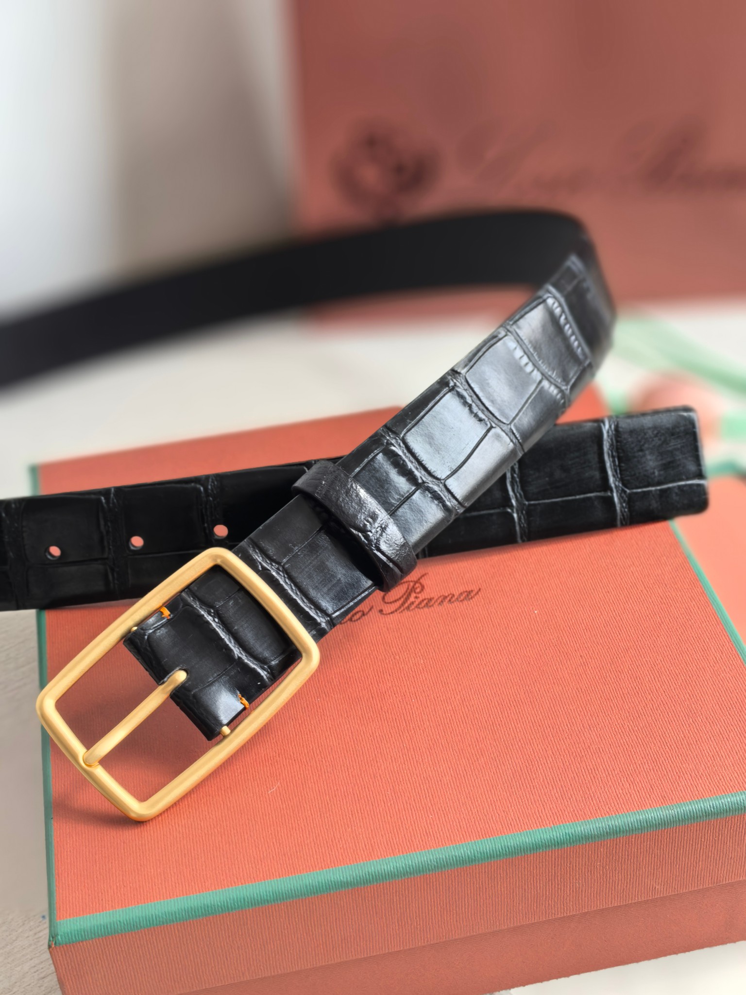 Loro Piana Men's Black Croc Embossed Leather Belt with Gold Buckle 7 a1741592153290 1622