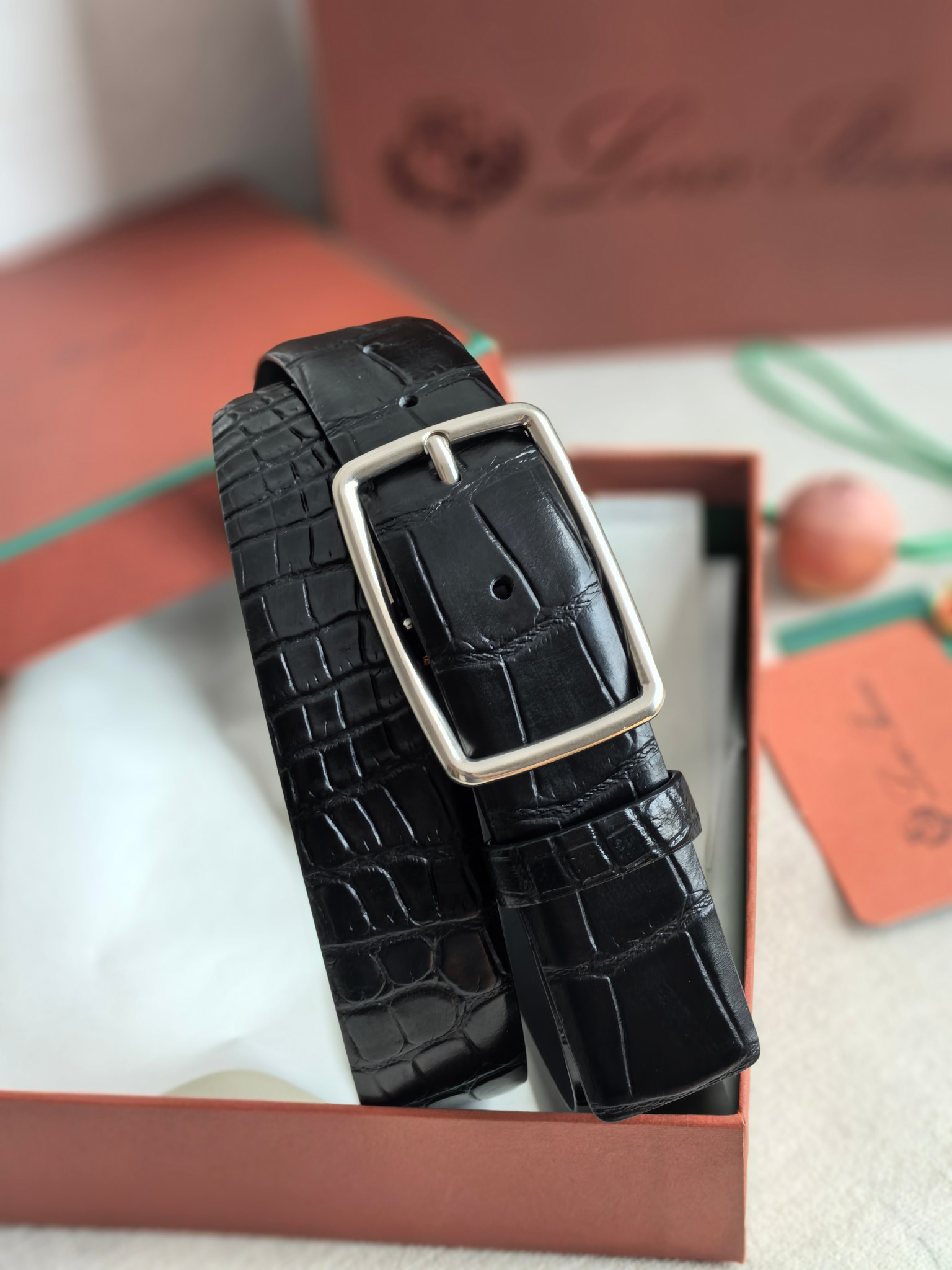 Loro Piana Men's Black Alligator Leather Belt with Silver Buckle