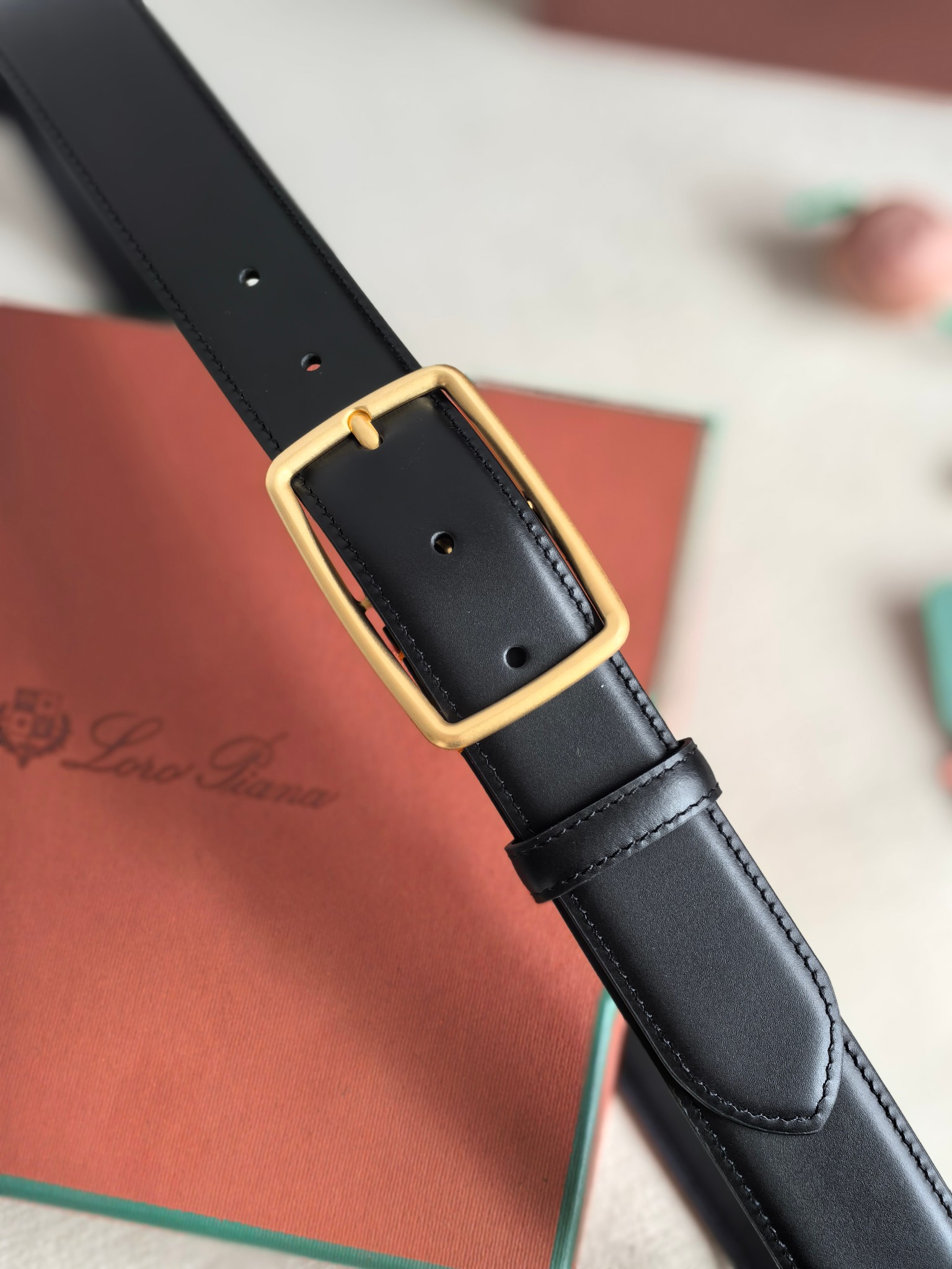 Loro Piana Men's Black Leather Belt with Gold Buckle, 3.5cm Width 5 a1742003006377 2777