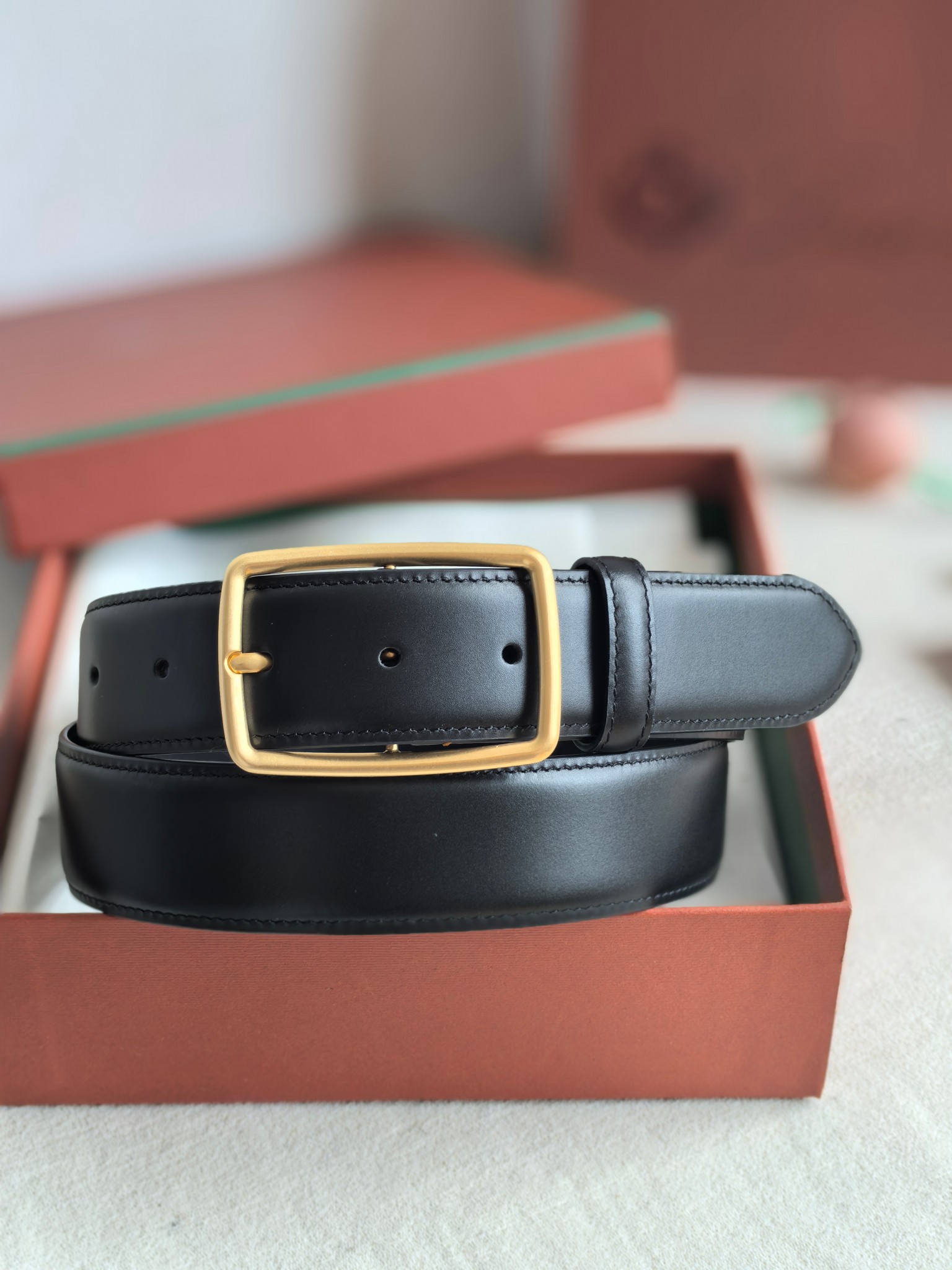 Loro Piana Men's Black Leather Belt with Gold Buckle, 3.5cm Width 2 a1742003006398 7462