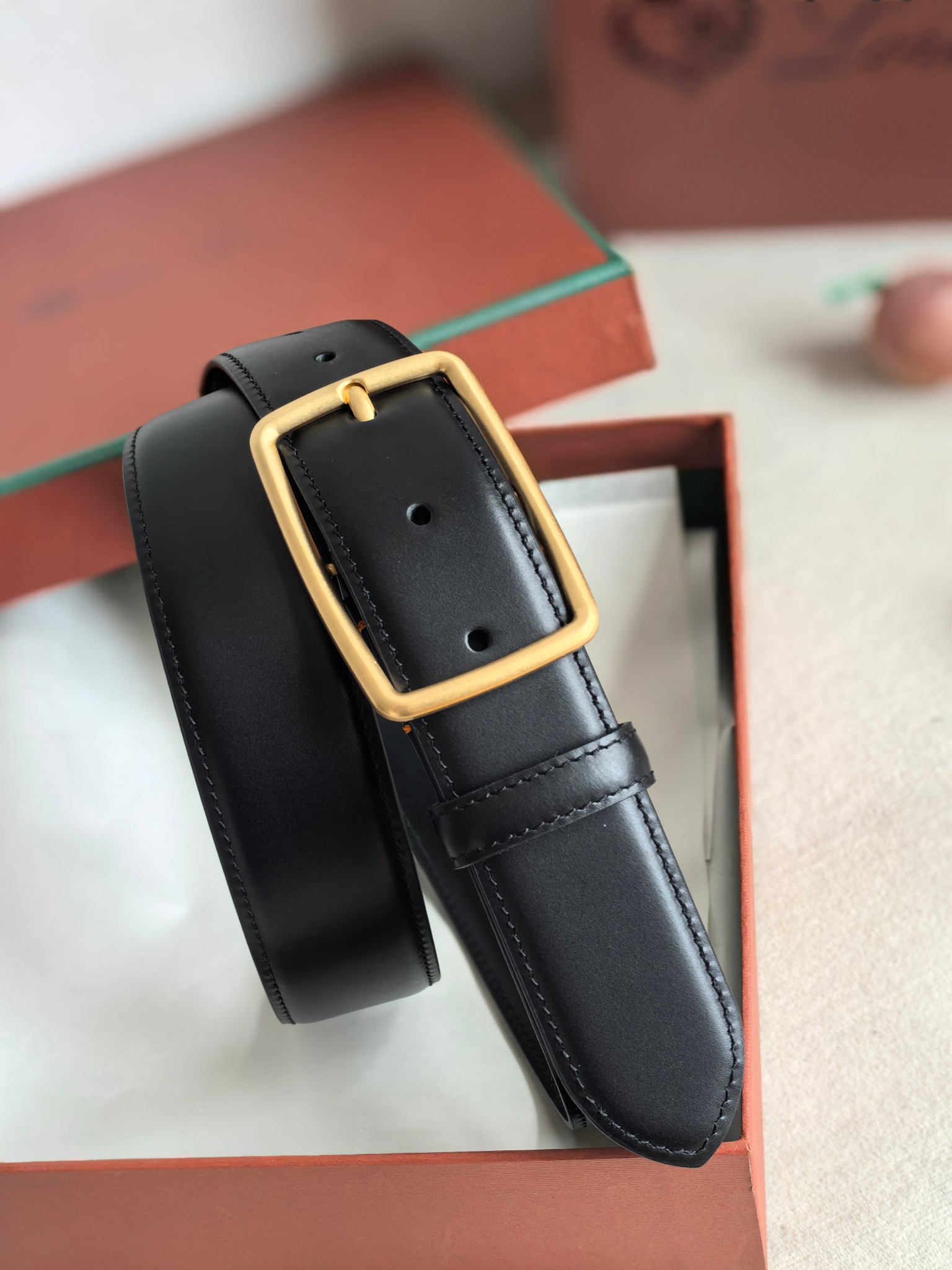 Loro Piana Men's Black Leather Belt with Gold Buckle, 3.5cm Width