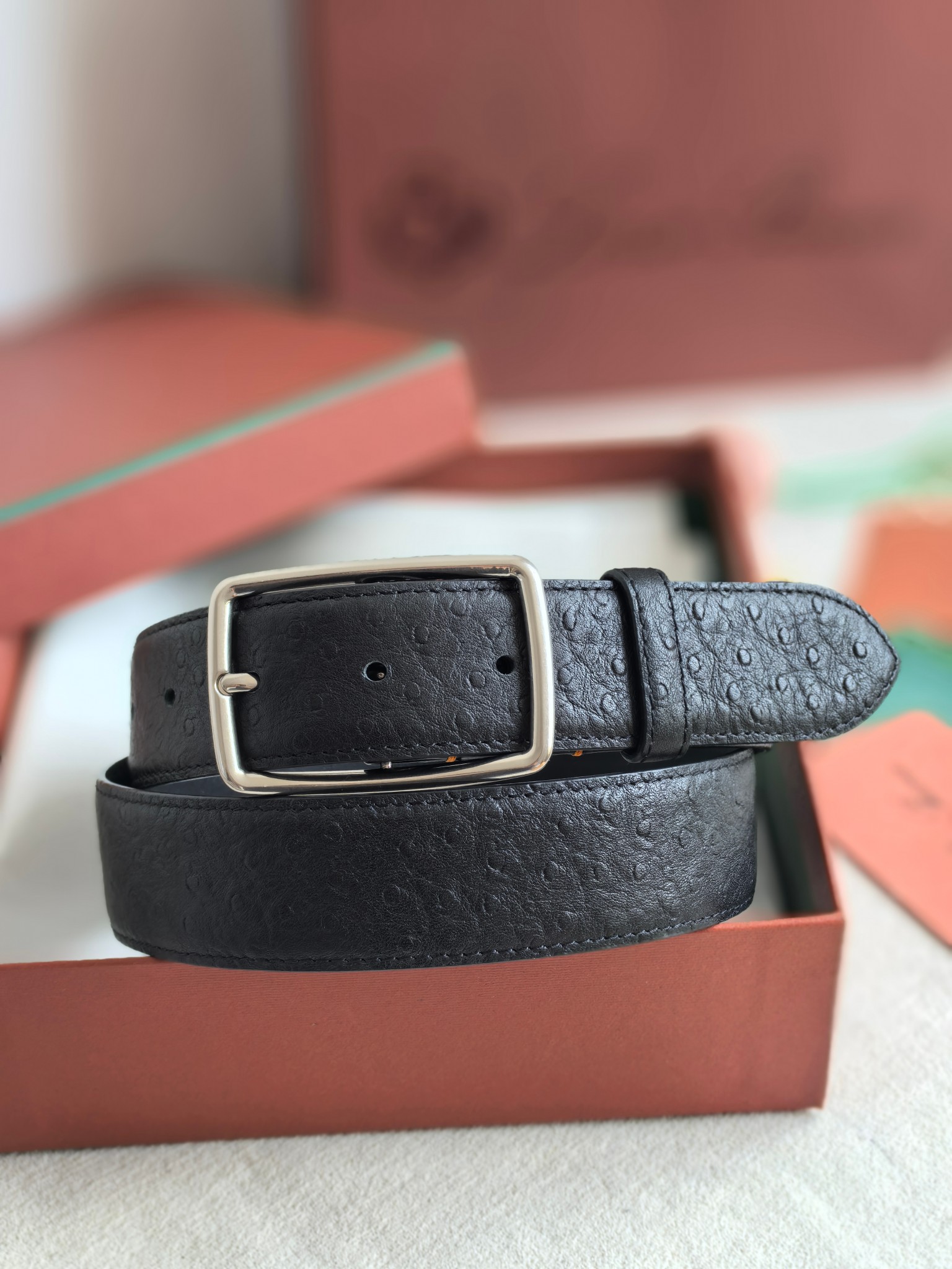 Loro Piana Men's Black Leather Belt, 3.5cm Width, Silver Buckle 2 a1742003683306 8617