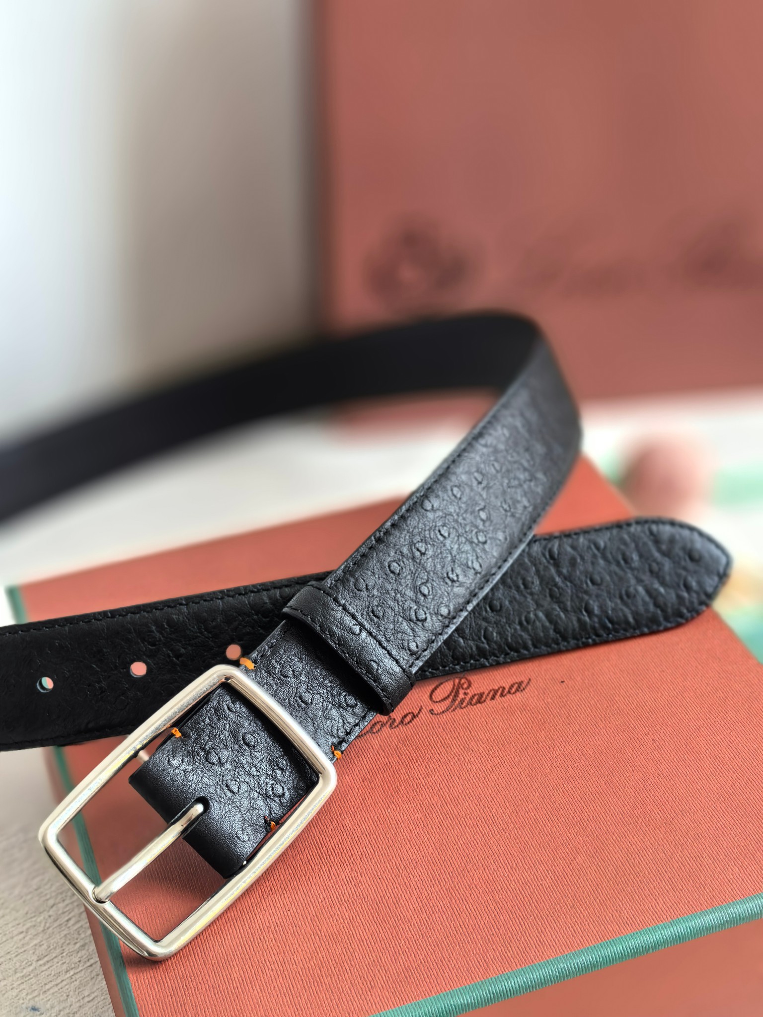 Loro Piana Men's Black Leather Belt, 3.5cm Width, Silver Buckle 7 a1742003686372 0272