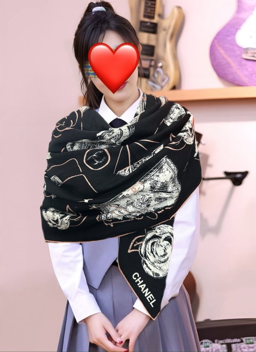 Elegant Chanel Silk Wool Scarf with Camellia Design - 140x140cm 1 Elegant Chanel Silk Wool Scarf with Camellia Design - 140x140cm