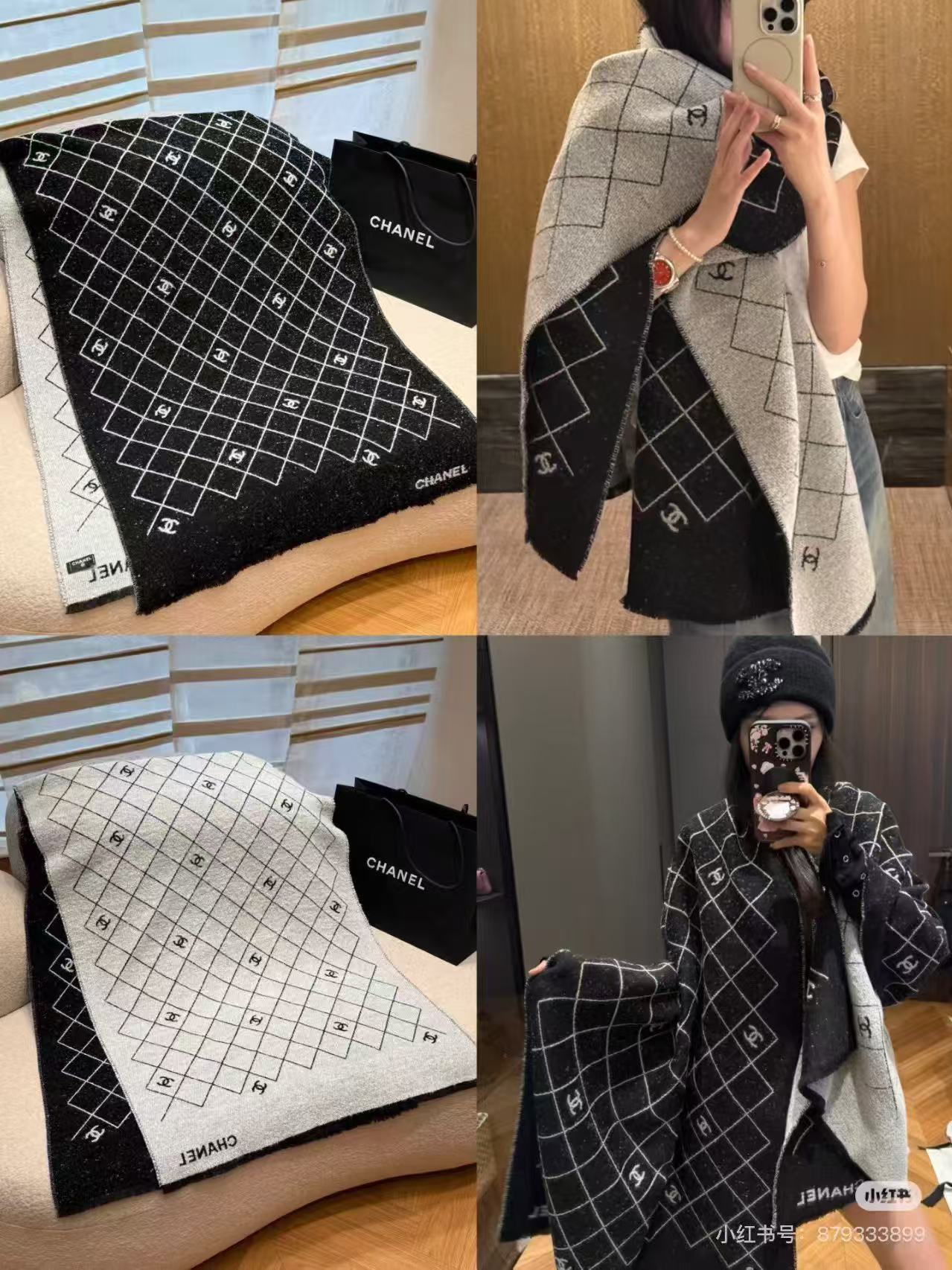 。 小香 爆款披肩！超美🫐融合了经典菱格图案与双C Logo字母元素[庆祝]采用双面提花工艺，黑灰配色高