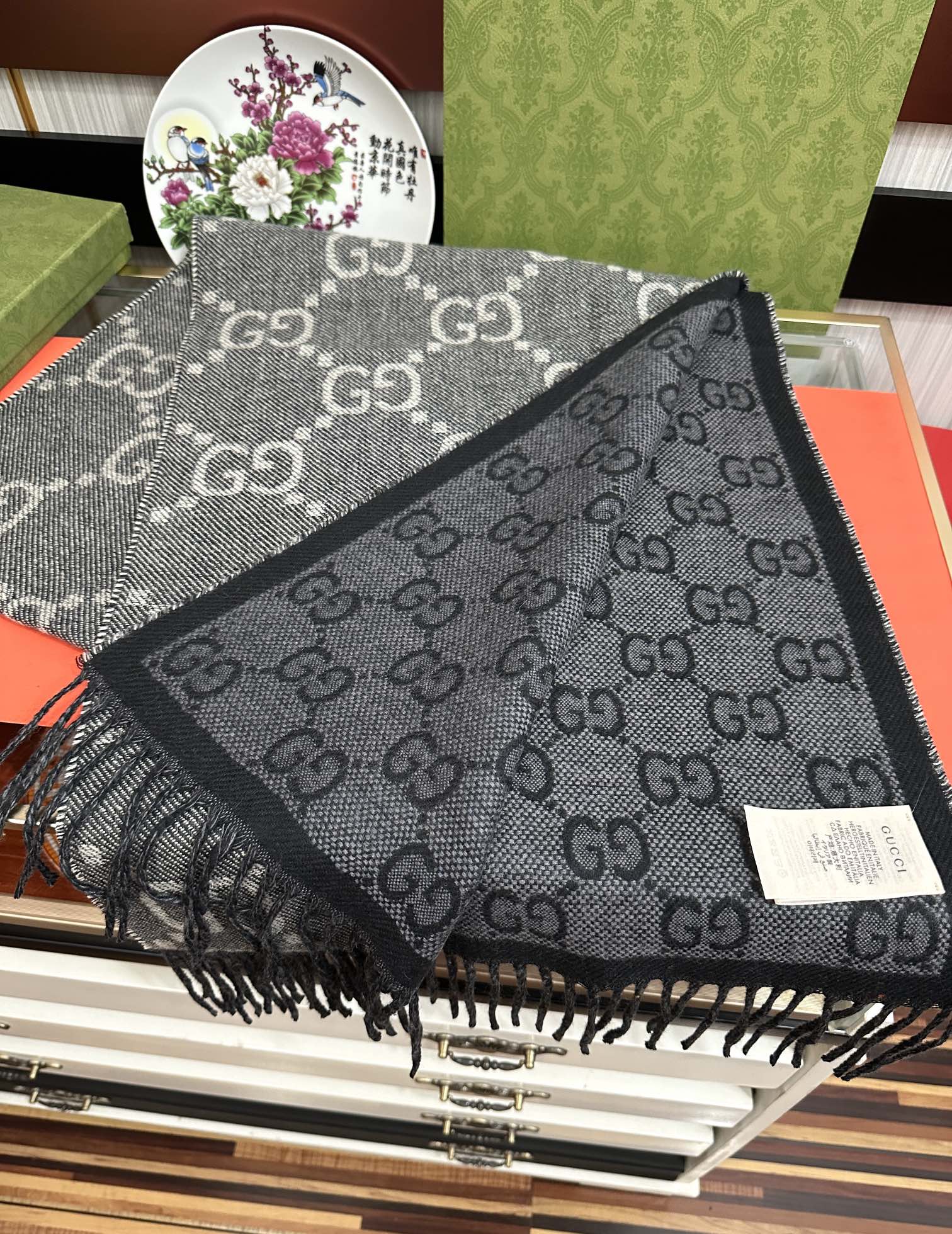 Gucci GG字母双面长巾 牛仔蓝双G字母双面交织图案 一面大GG 一面小GG