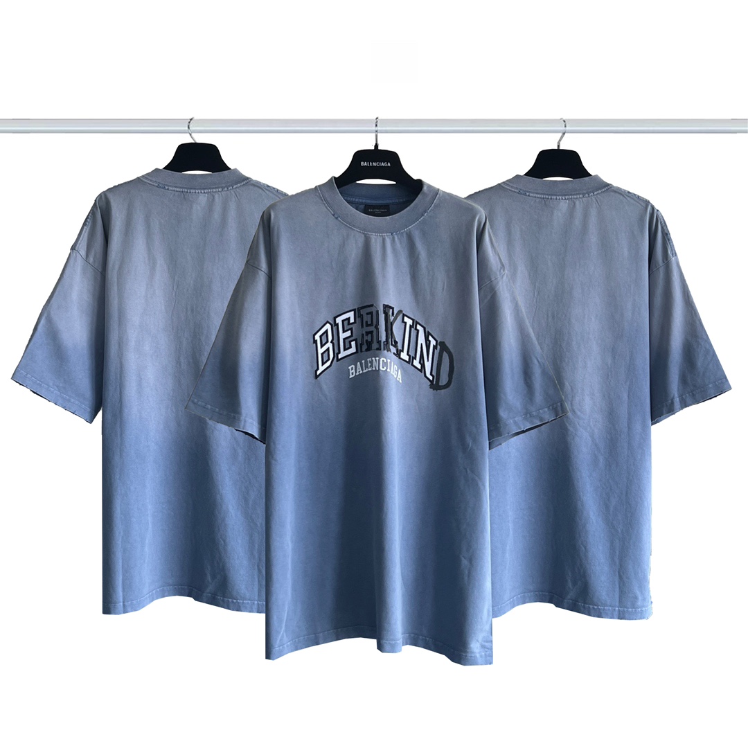 Balenciaga Clothing T-Shirt Blue Embroidery Combed Cotton Short Sleeve