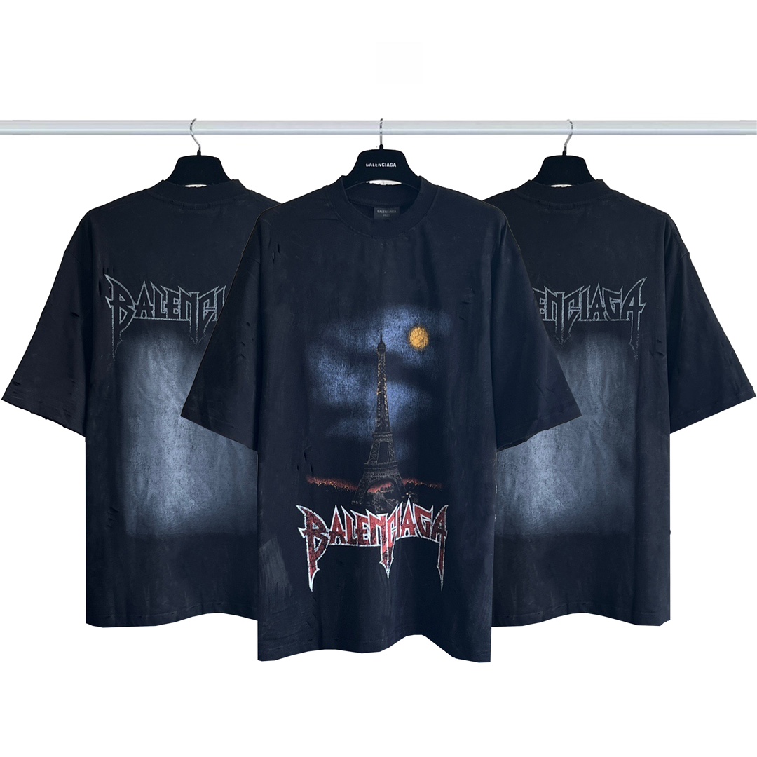 Balenciaga AAA+
 Clothing T-Shirt Black Printing Combed Cotton Short Sleeve P18023