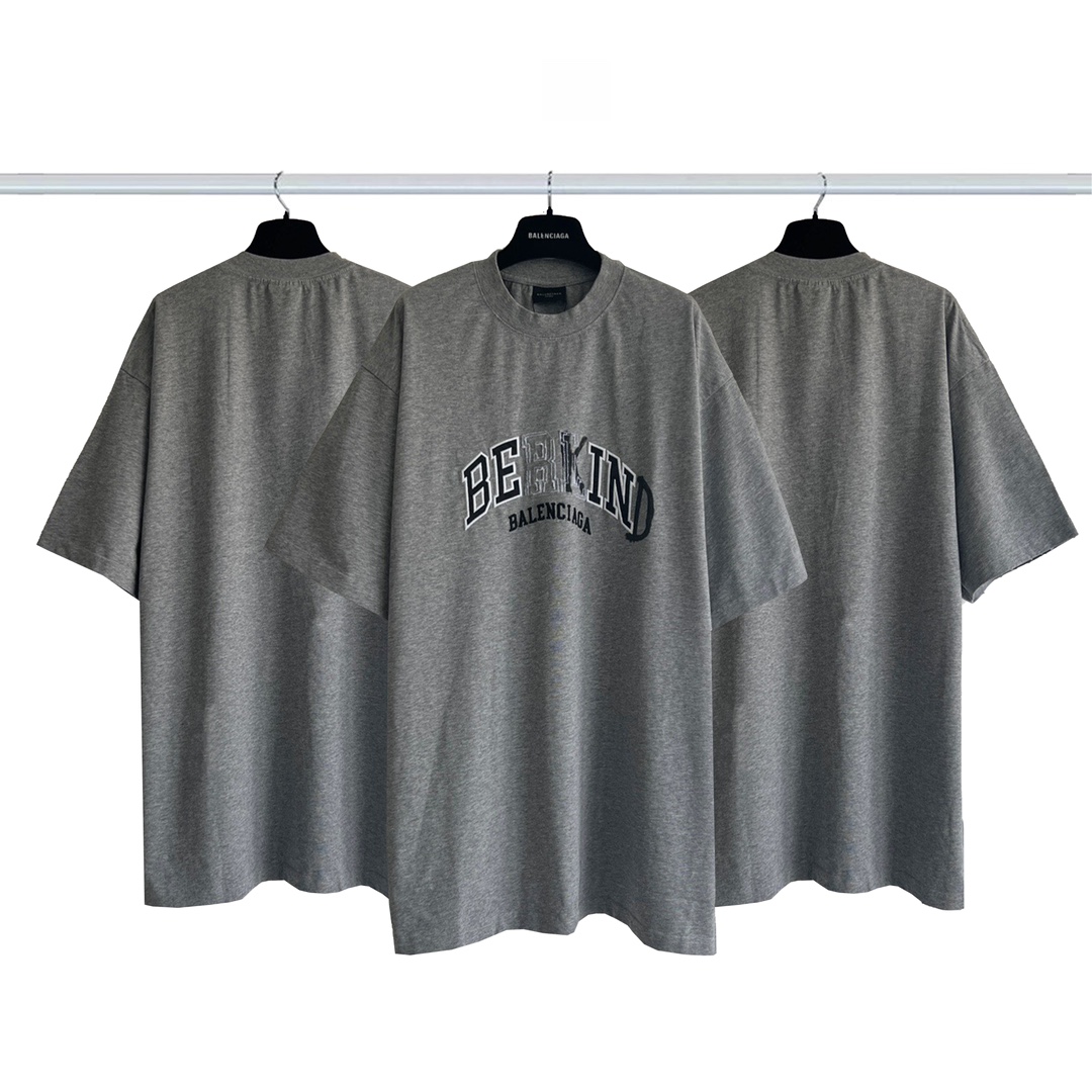 Balenciaga Clothing T-Shirt Grey Embroidery Combed Cotton Short Sleeve