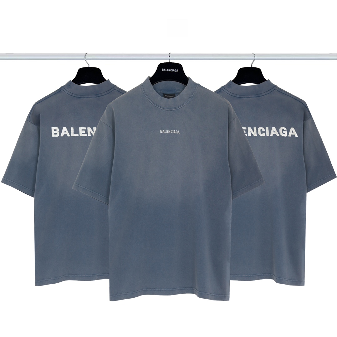 Balenciaga Clothing T-Shirt Blue Embroidery Combed Cotton Short Sleeve