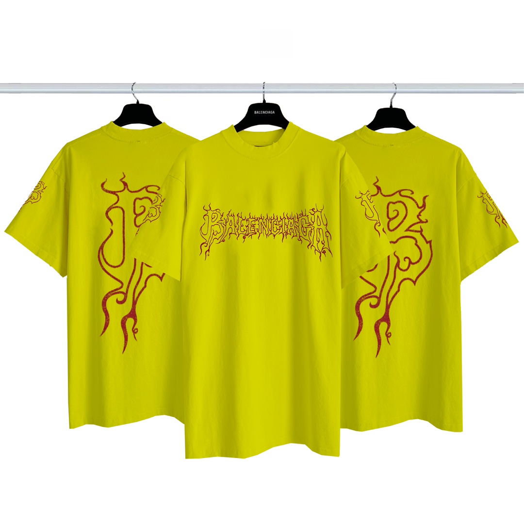 Balenciaga Clothing T-Shirt Yellow Printing Combed Cotton Short Sleeve