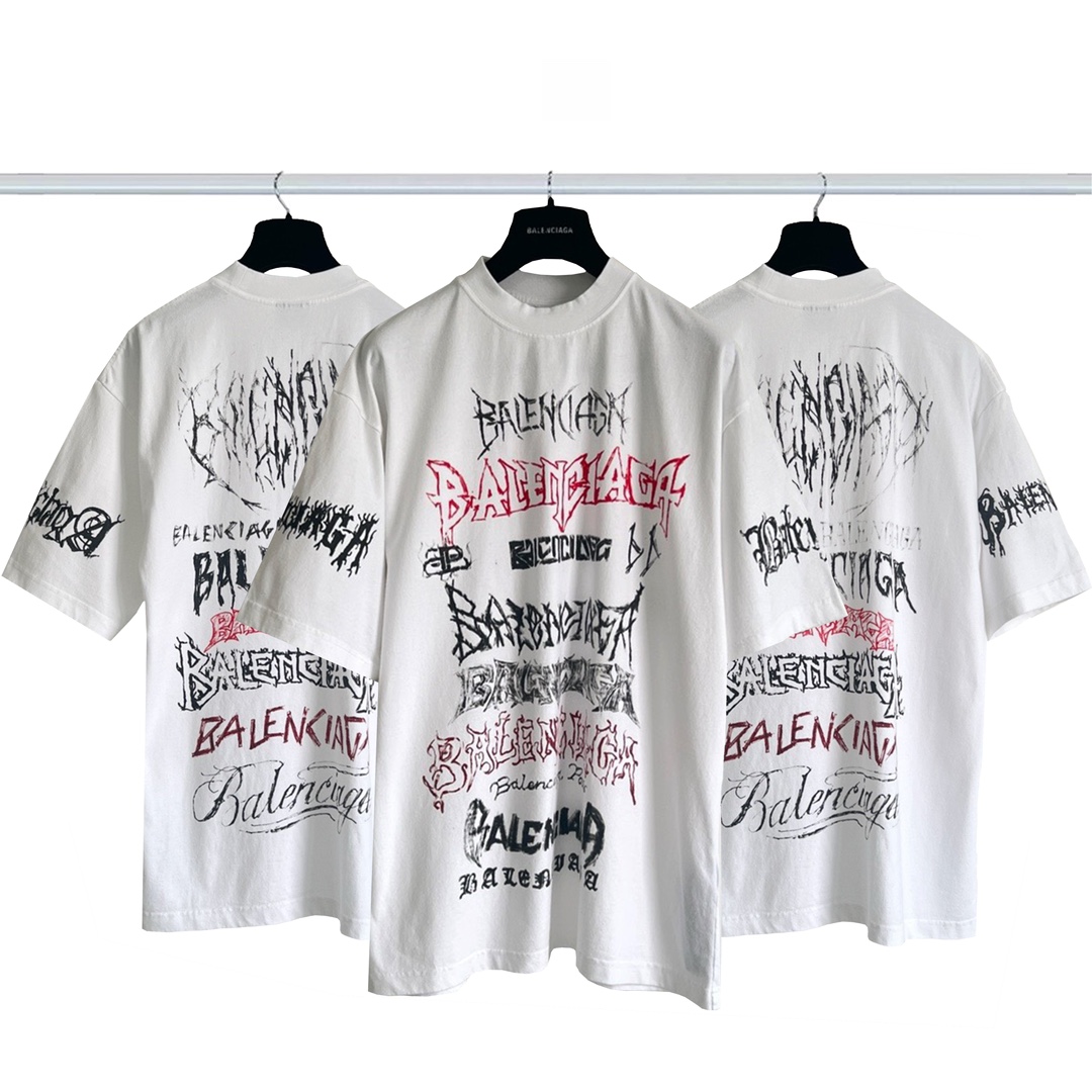 Balenciaga Clothing T-Shirt Doodle White Printing Combed Cotton Short Sleeve